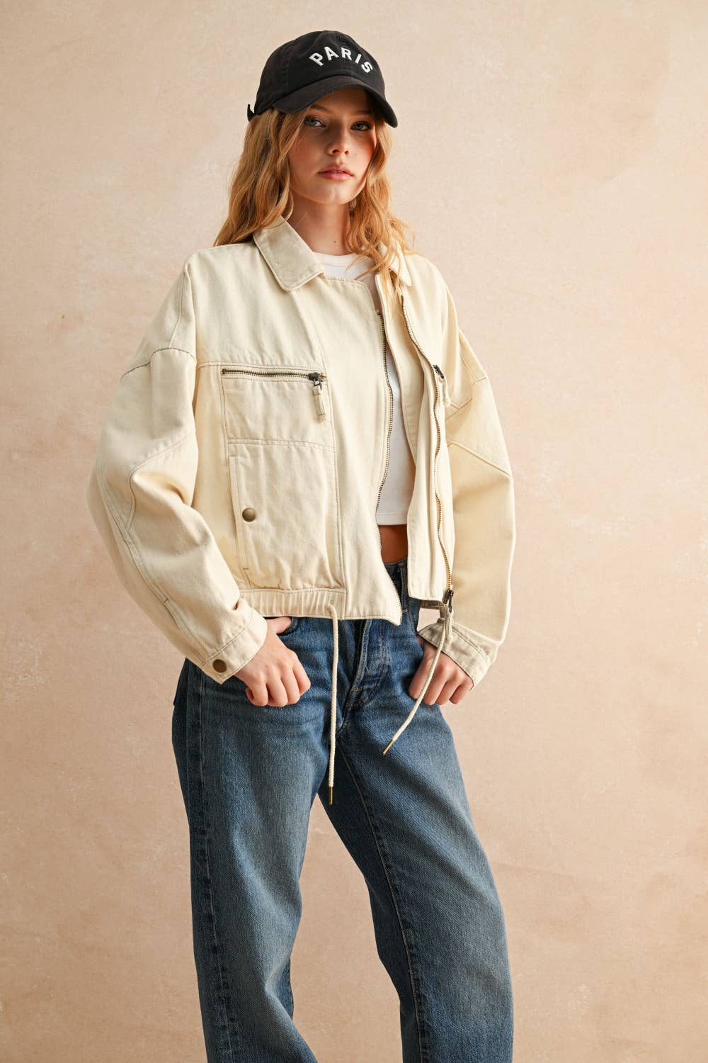 COTTON MOTO STYLE JACKET: ECRU