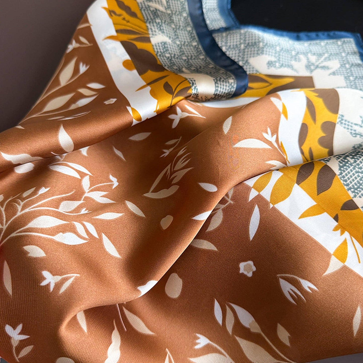 Satin Square Scarf with Botanical Print Soft Accessory: Brown