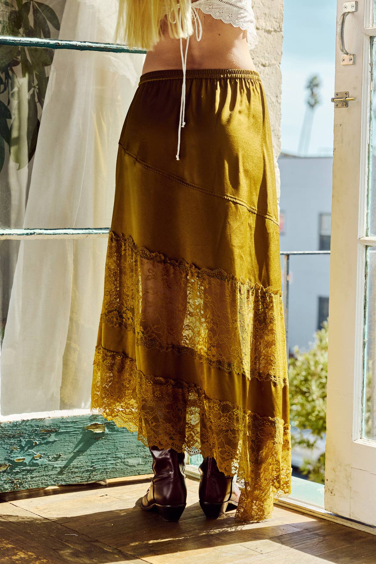 Lace Trim Asymmetrical Hem Satin Midi Skirt: Mustard Olive