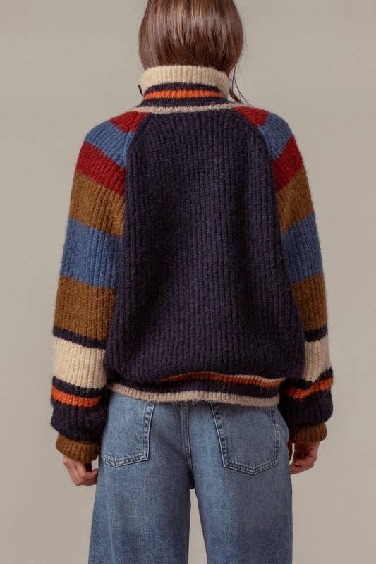 Chunky Rib-Knit Faux Fur Lined Cardigan: NAVY