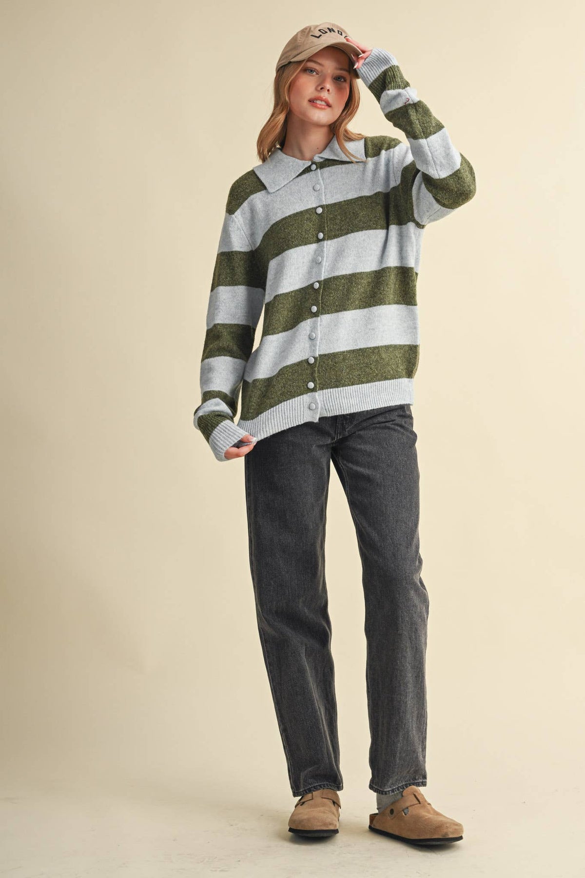 STRIPED SWEATER CARDIGAN: POWDER BLUE OLIVE