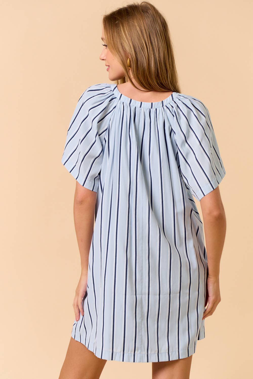 Striped Deep V-Neckline Mini Dress: LT BLUE