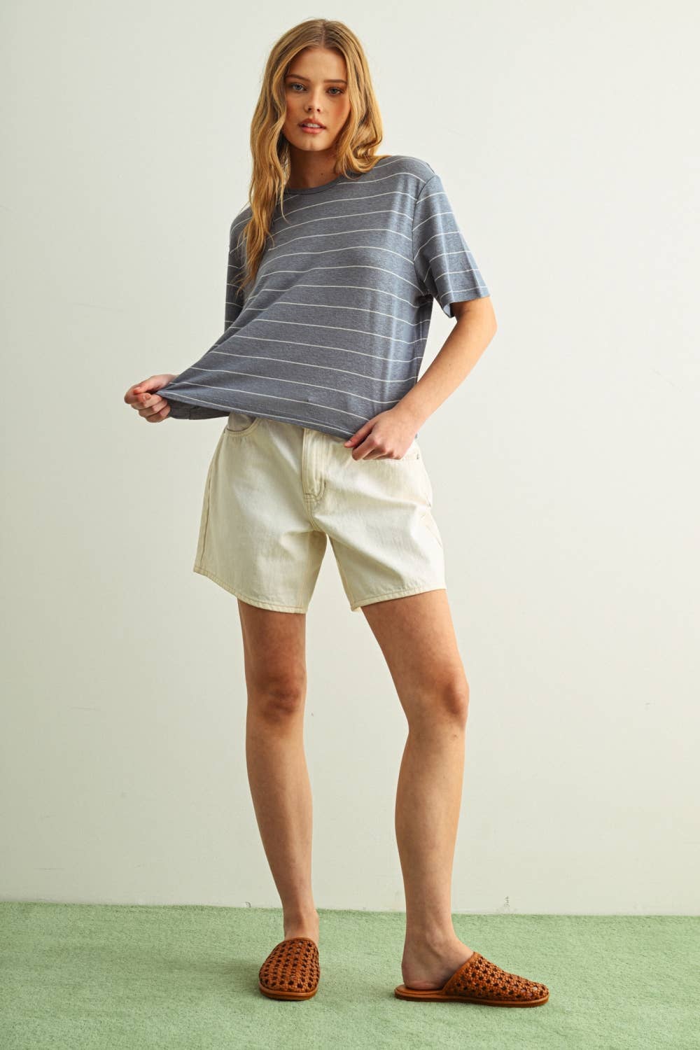 STRIPE COTTON LINEN TOP: BLUE/WHITE