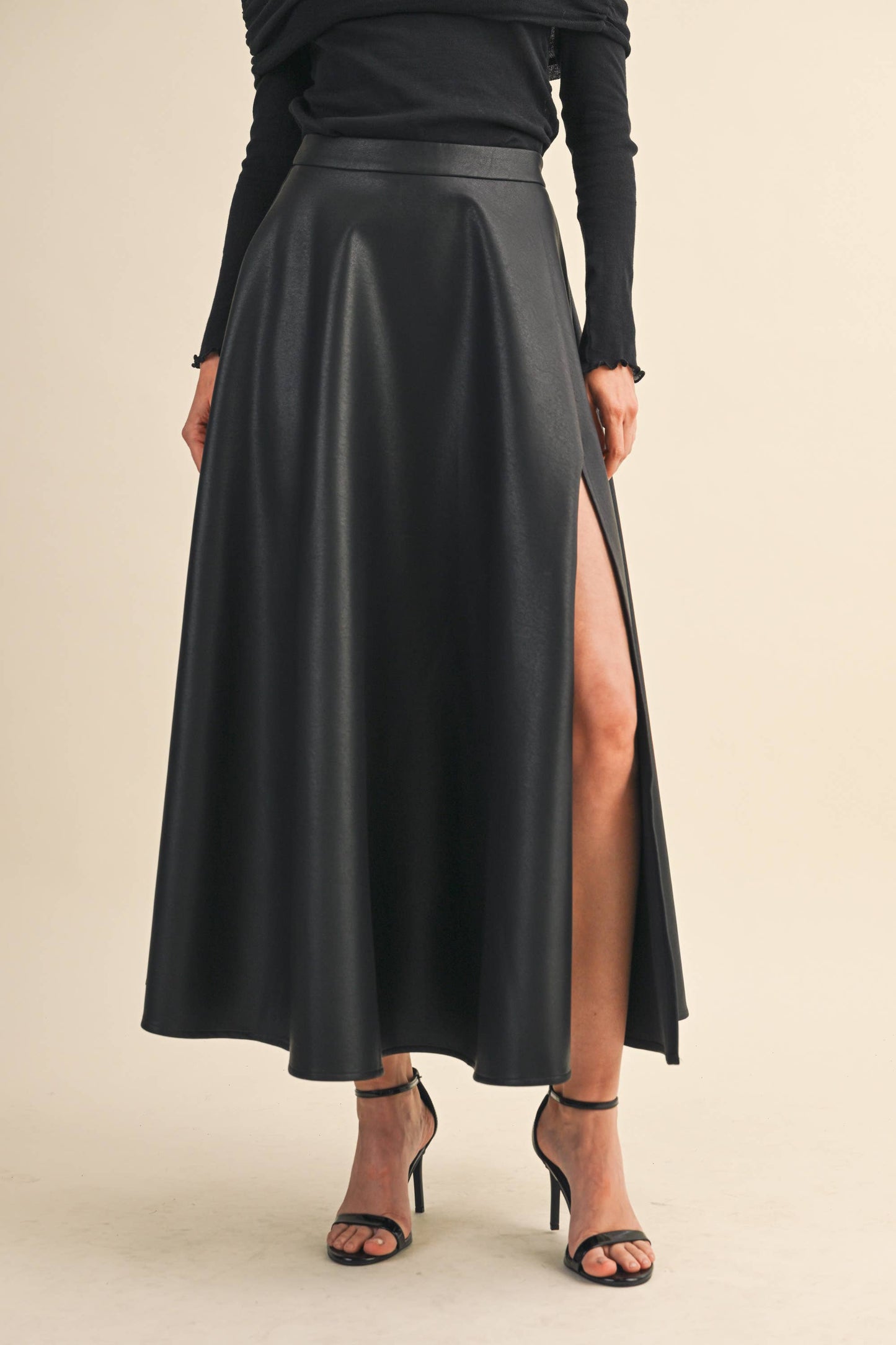 LEATHER A-LINE MAXI SKIRT WITH HIGH SLIT: Black