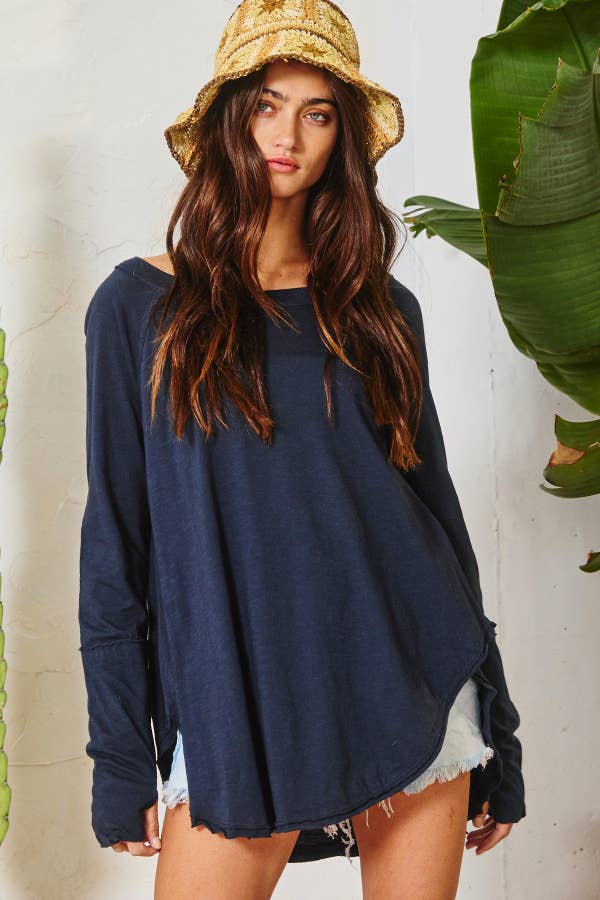Long Sleeves Tunic Top: NAVY