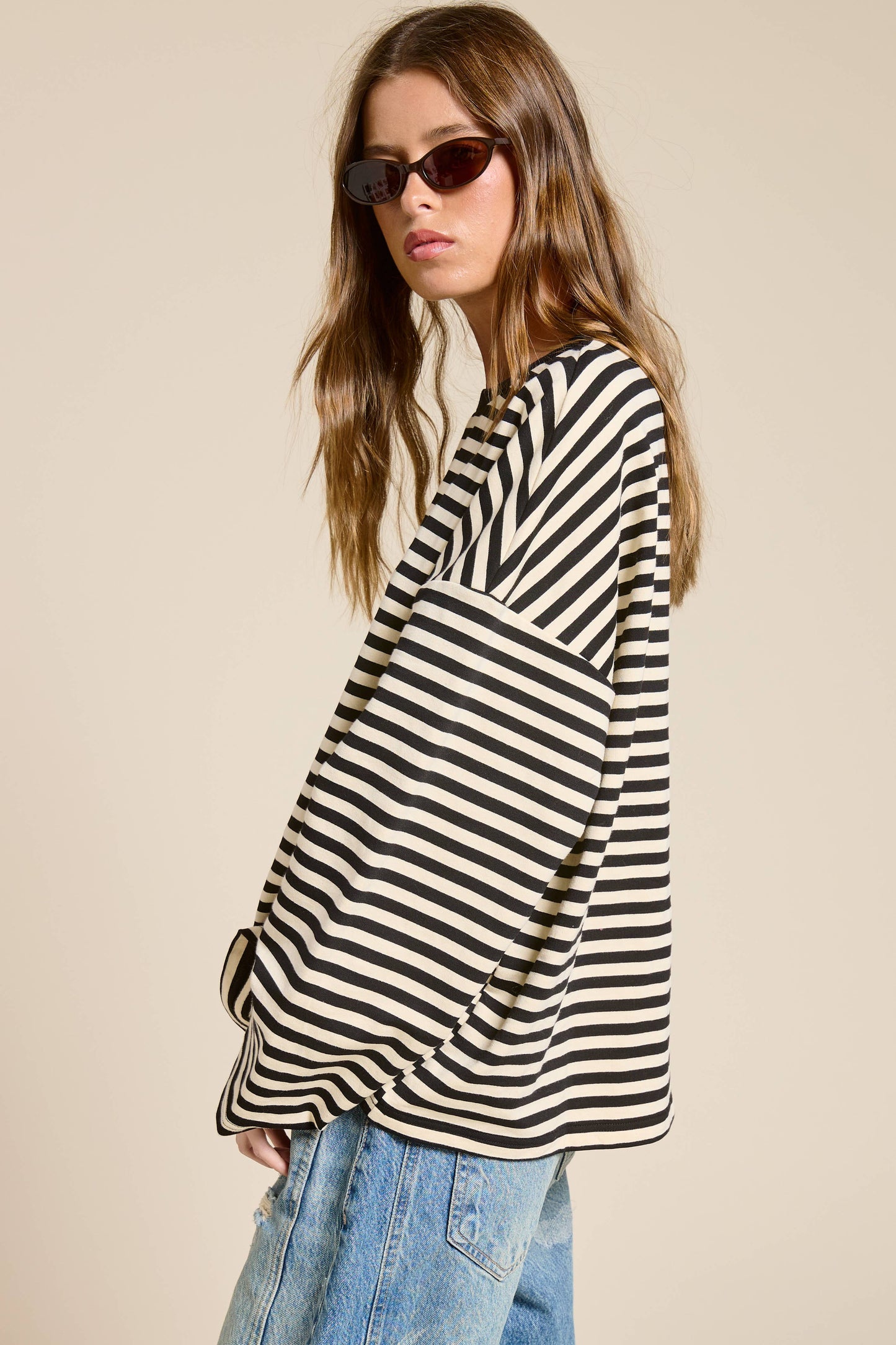 Striped Terry Oversized Long Sleeve Top: Black