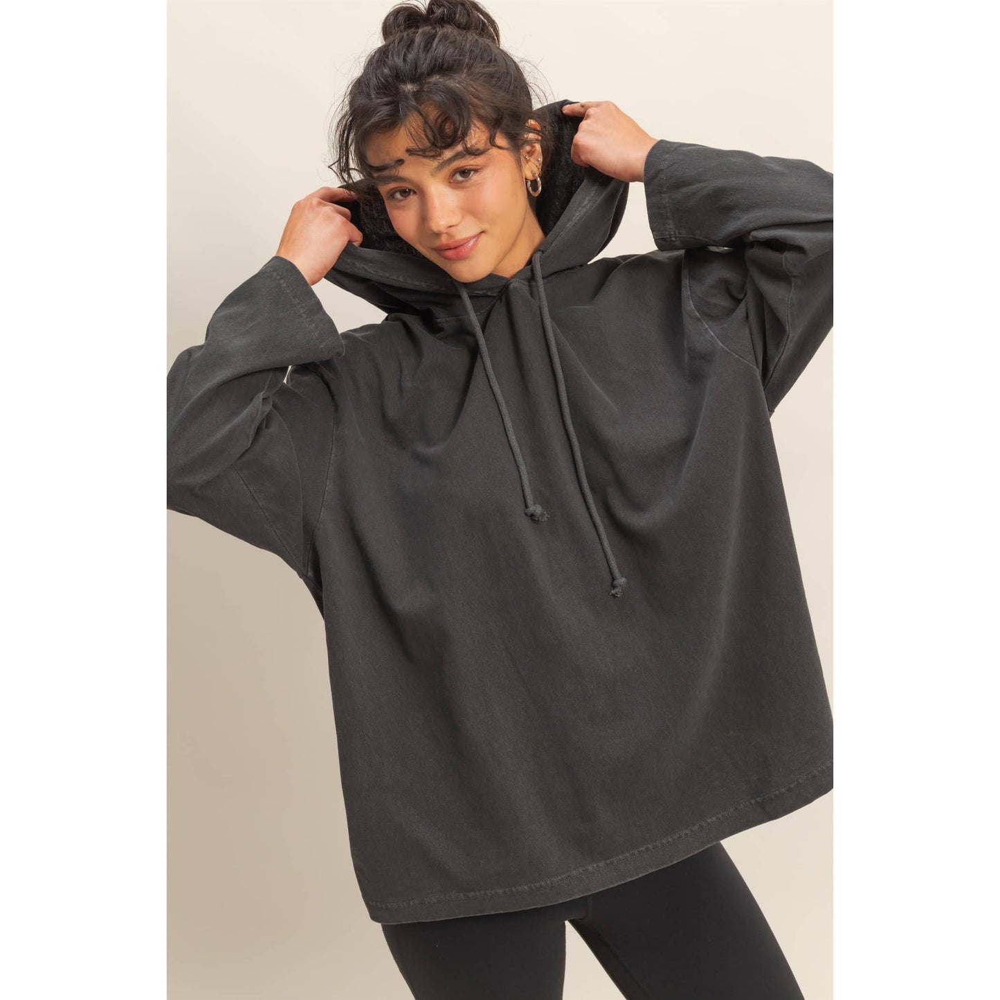Oversized Hooded Long-Sleeve Top: BLACK