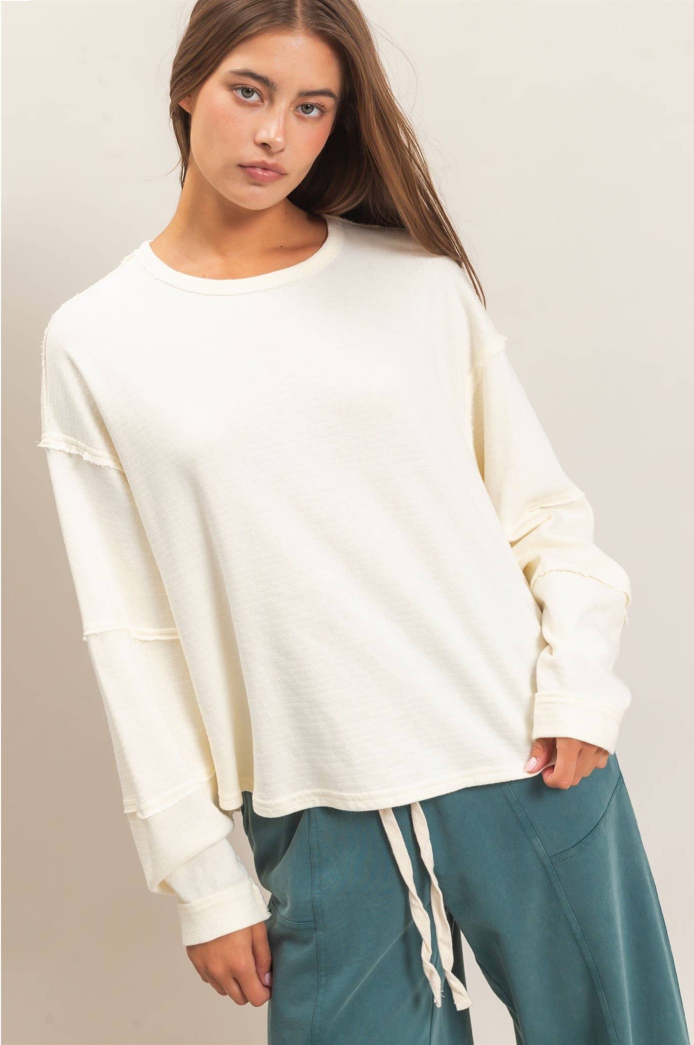 Mineral Wash Overzised Raw Edge Crew Neck Top: CREAM