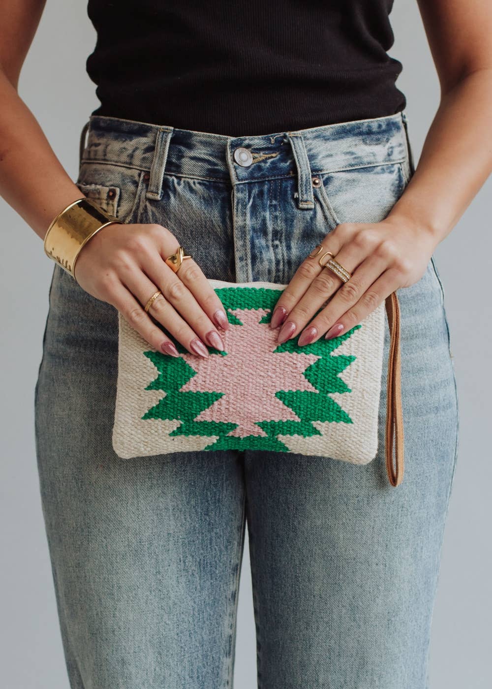 Beige, Green & Pink Aztec Wristlet