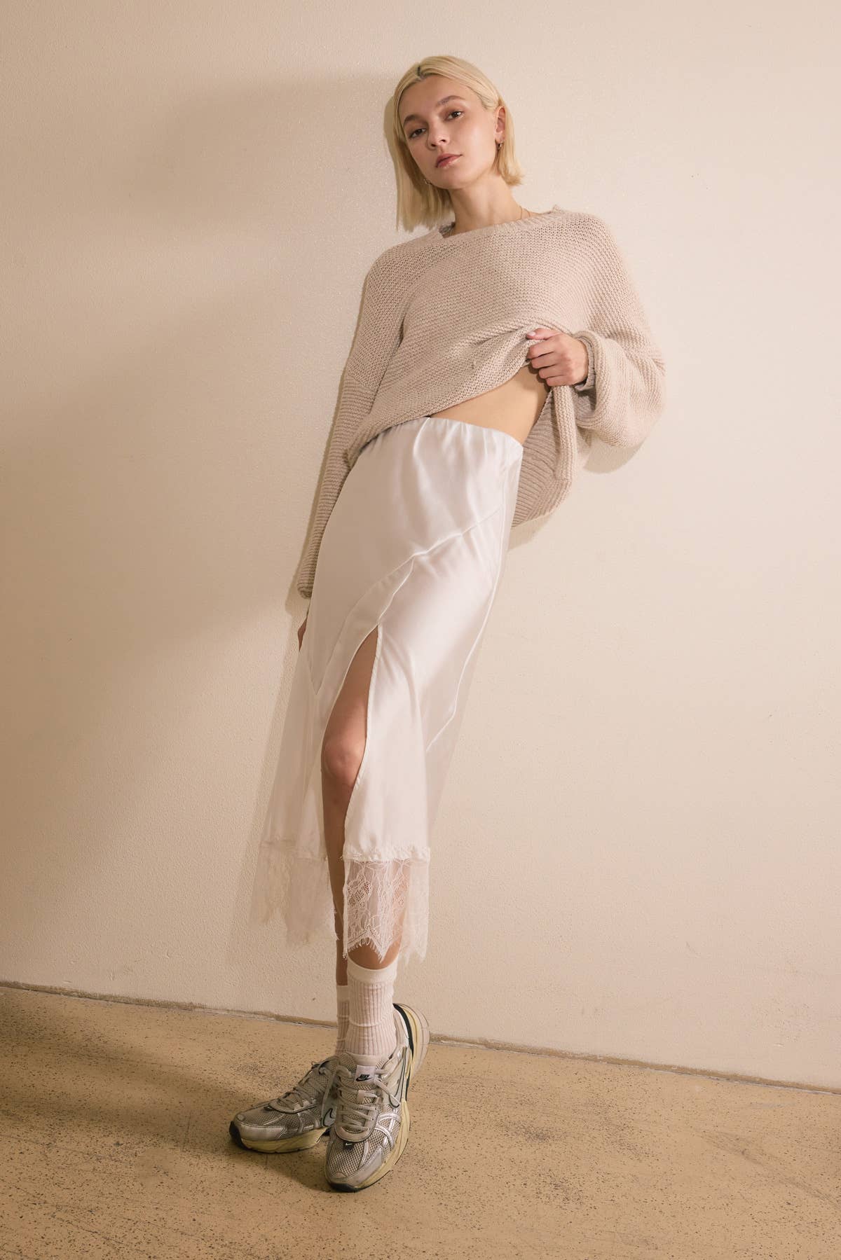 Lace Trim Satin effect Comfy Slit Midi Skirt: Pearl