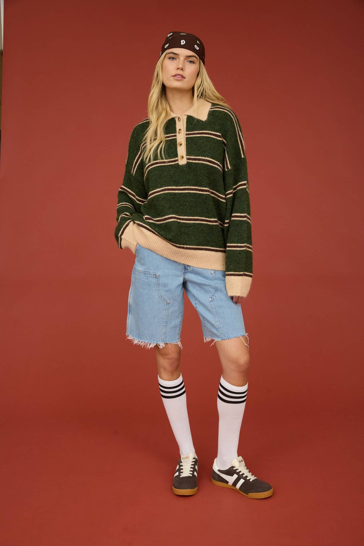 CONTRAST COLLAR STRIPE POLO FUZZY KNIT SWEATER : HUNTER GREEN MULTI