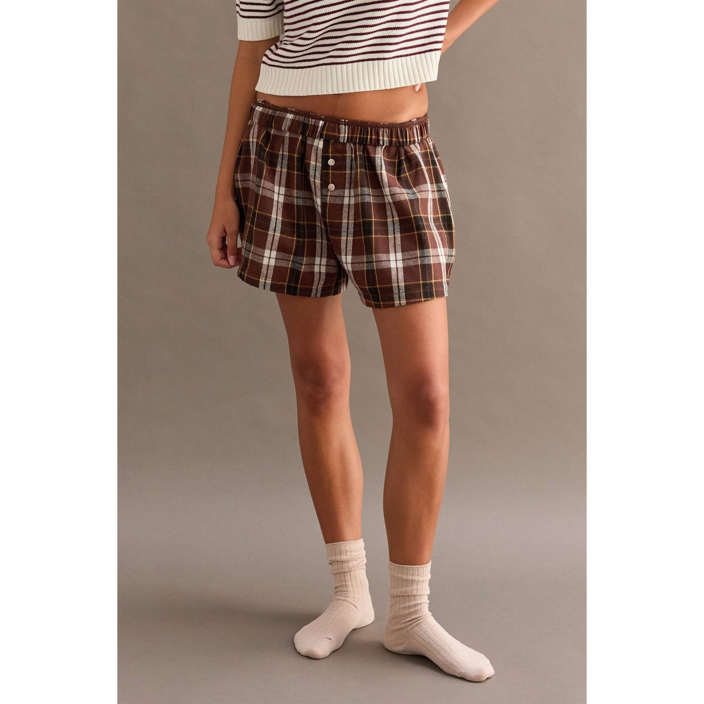 Button-Front Flannel Boxer Shorts: BROWN