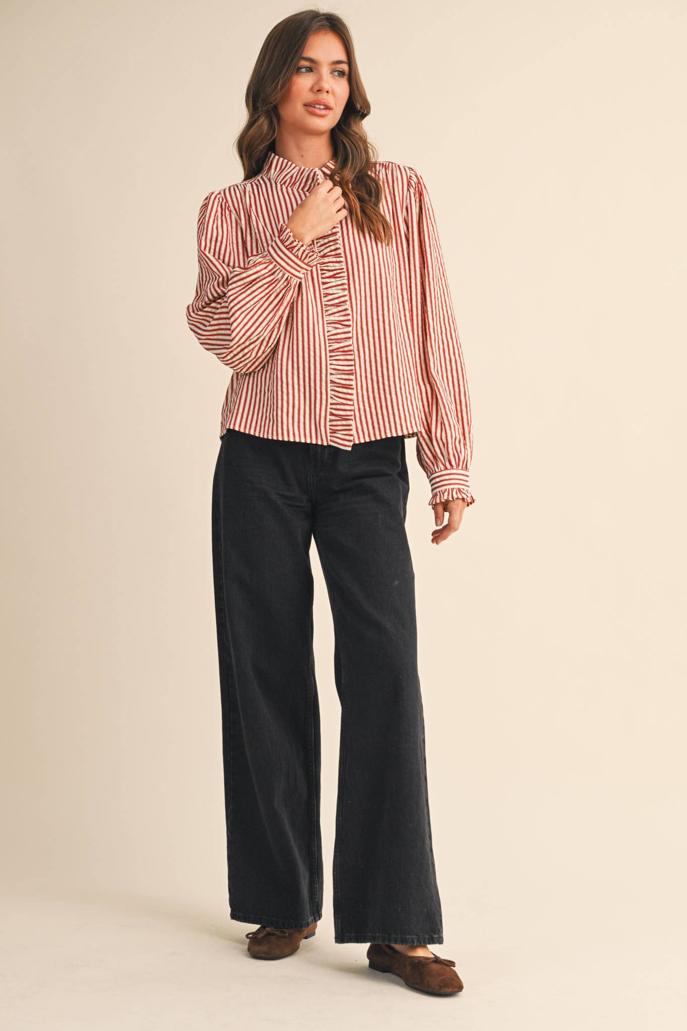 STRIPED RUFFLED BUTTON DOWN: Red Stripe