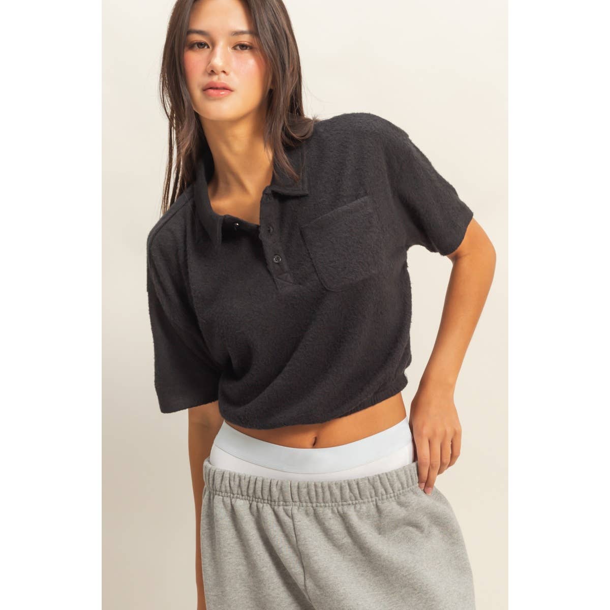 Collared Short Sleeve Crop Top: BLACK