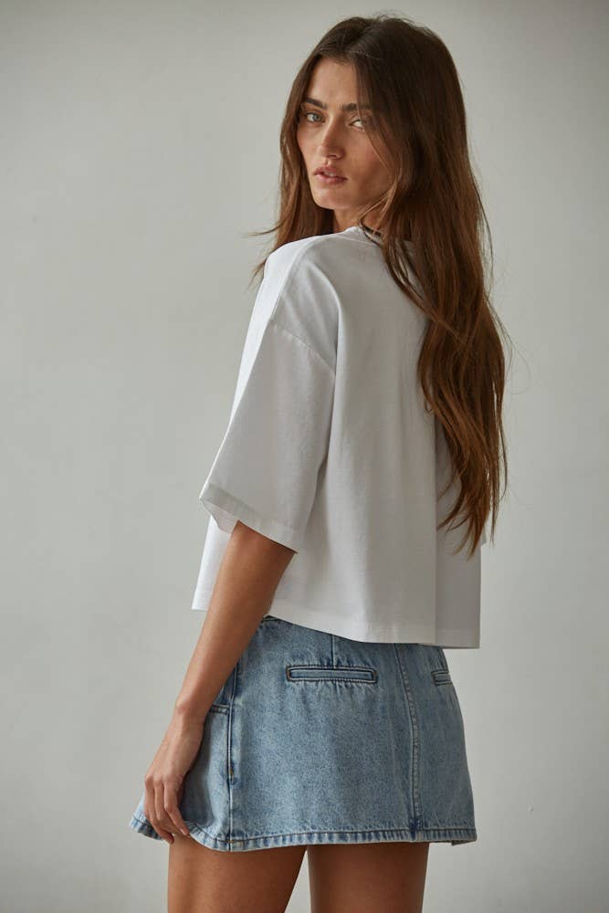 Knit Cotton Crew Neck Drop Shoulder Short Sleeve Top: White