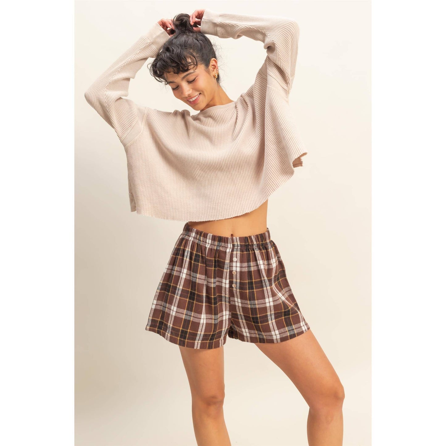 Button-Front Flannel Boxer Shorts: BROWN