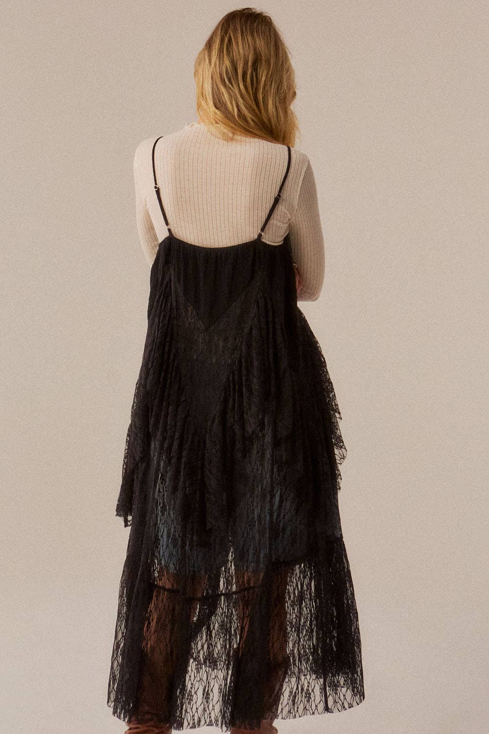 Ruffled Lace Flyaway Maxi Cami Top: Black