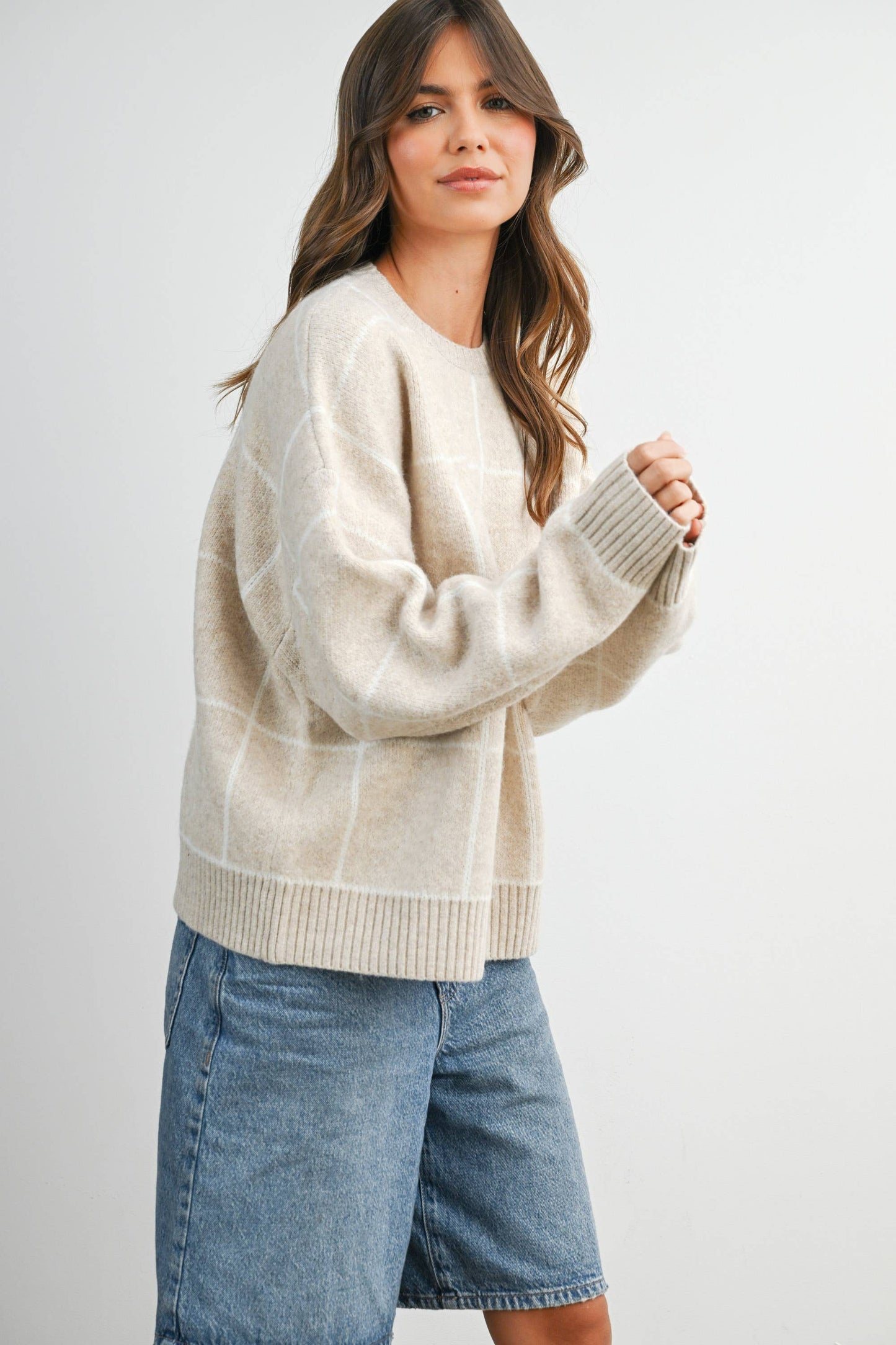 Checkered Crew Neck Knit Sweater - Cream