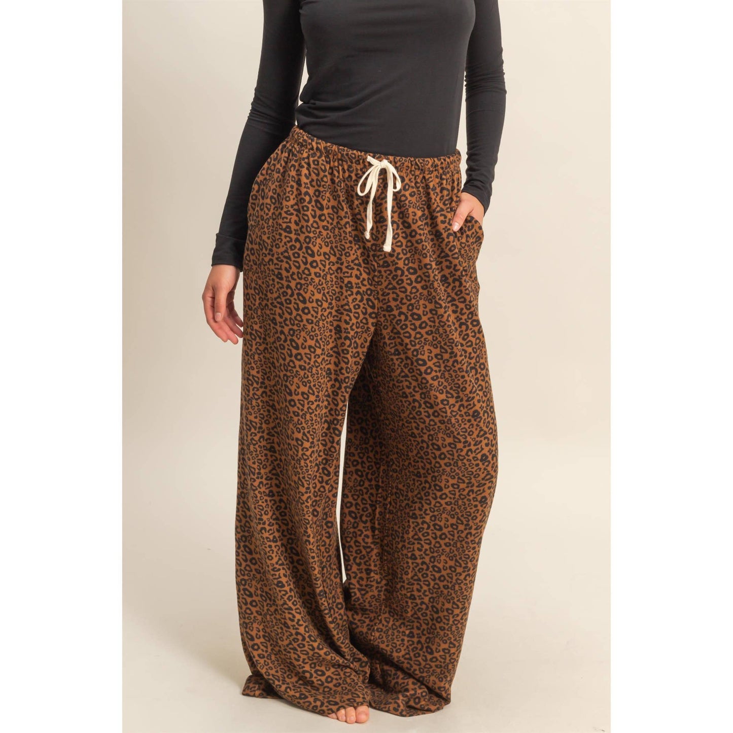 Leopard Print Wide-Leg Drawstring Comfort Pants: BROWN