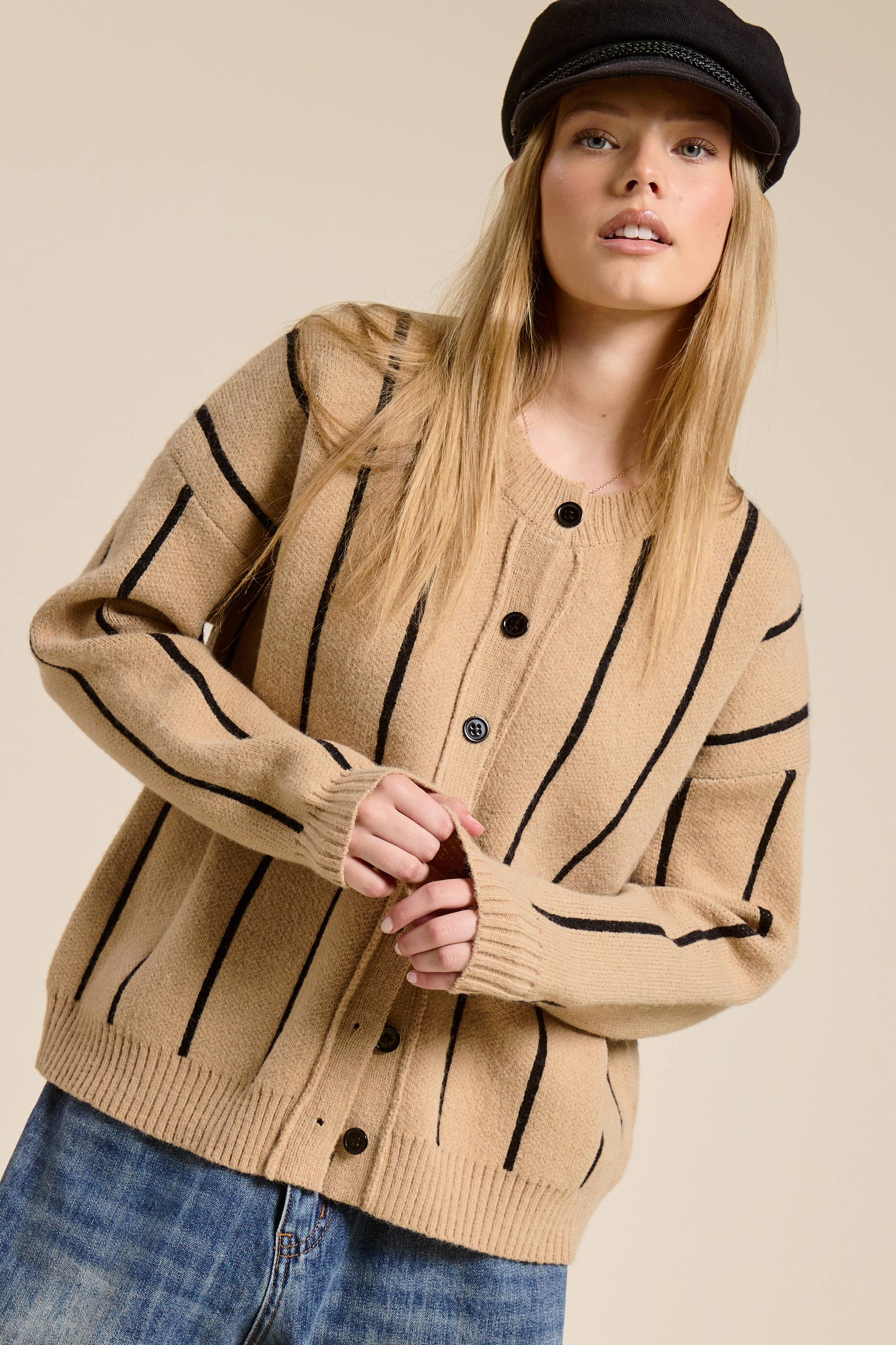 Striped Heavy Knit Cardigan: Taupe