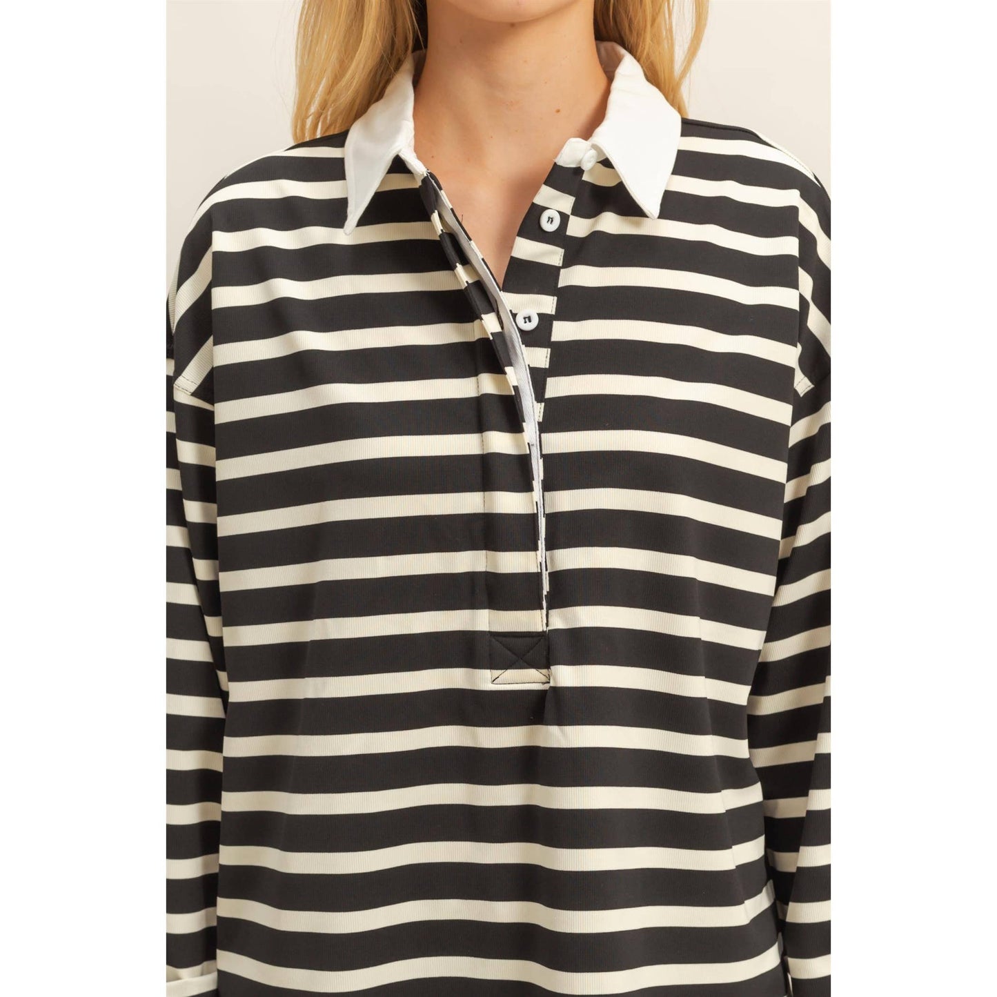 Classic Stripe Rugby Polo With Collar Shirt: BLACK/CREAM