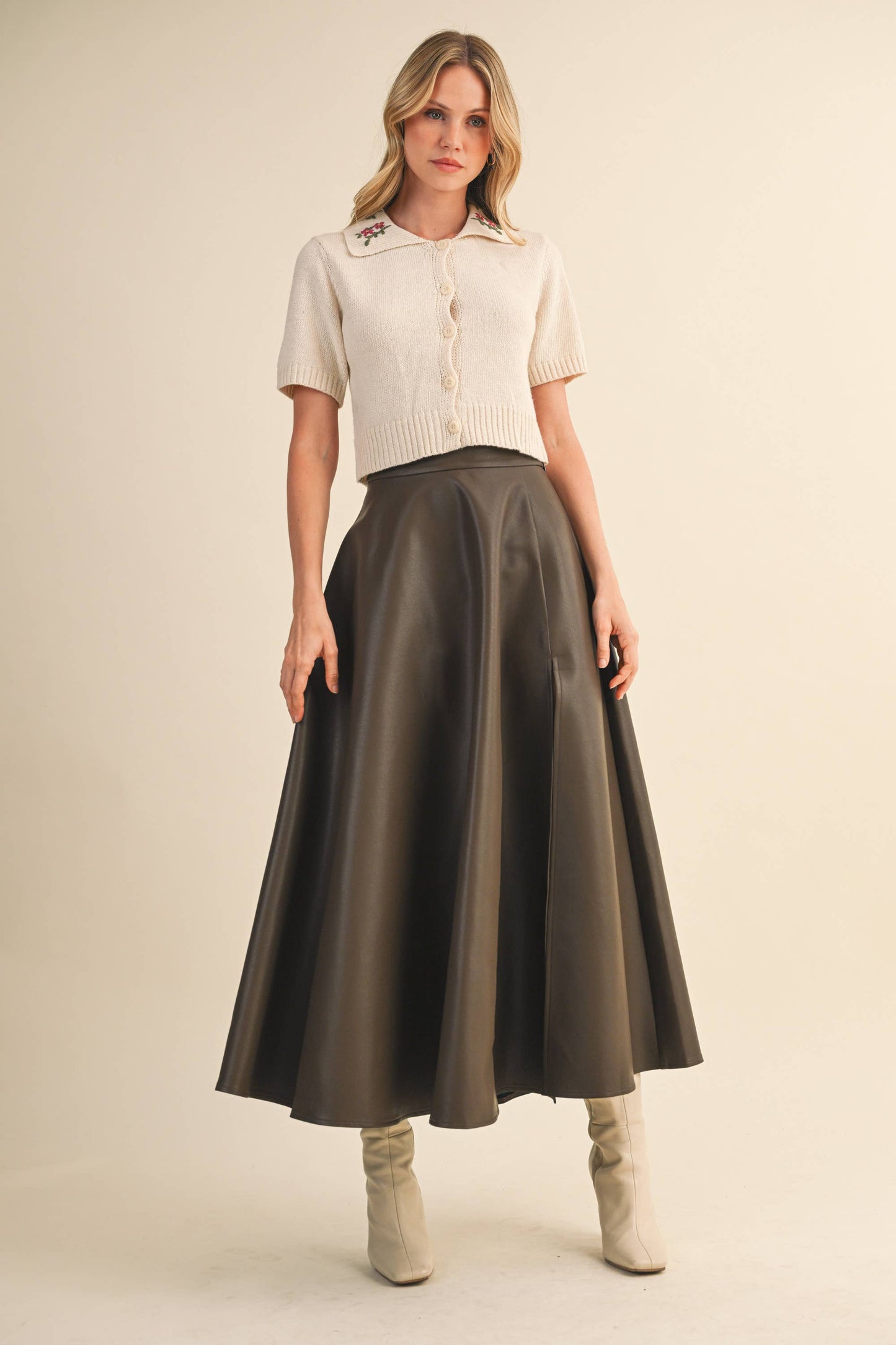 LEATHER A-LINE MAXI SKIRT WITH HIGH SLIT: Black