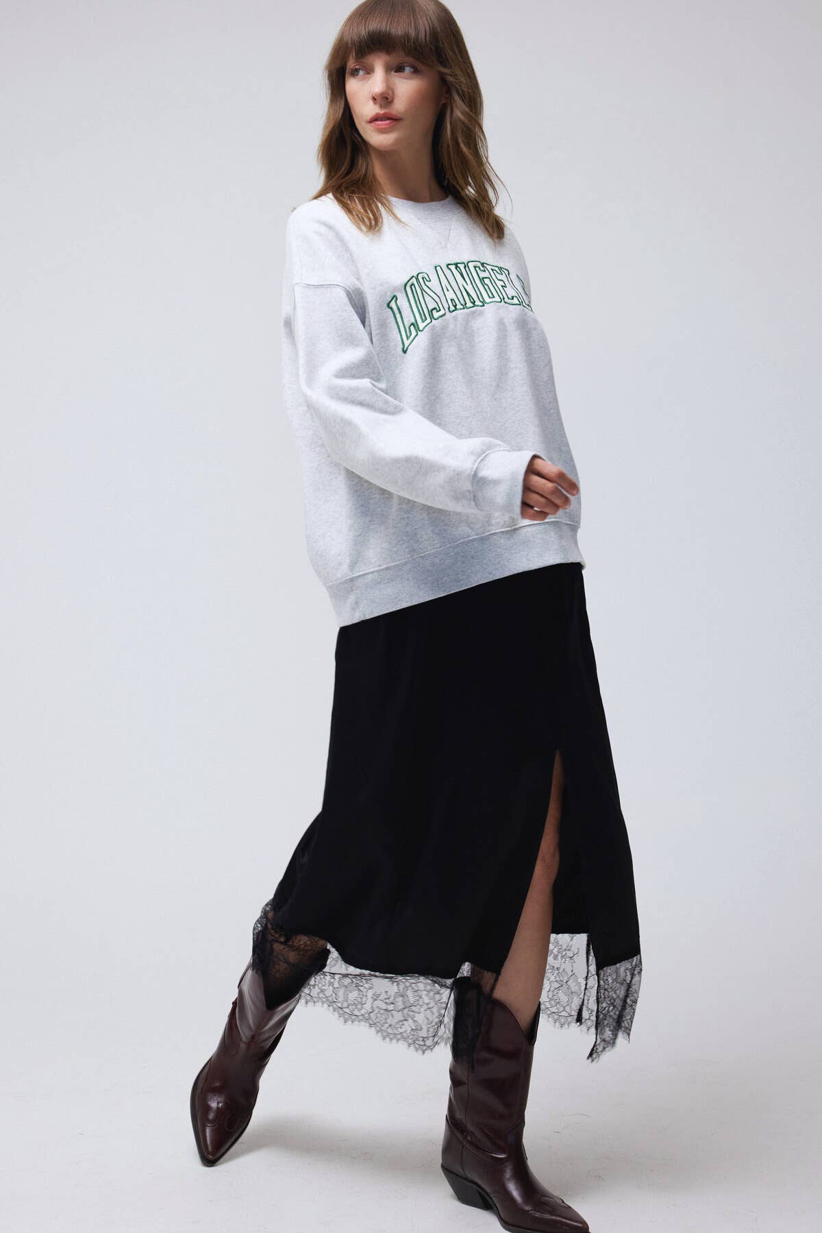 Lace Trim Satin effect Comfy Slit Midi Skirt: Black