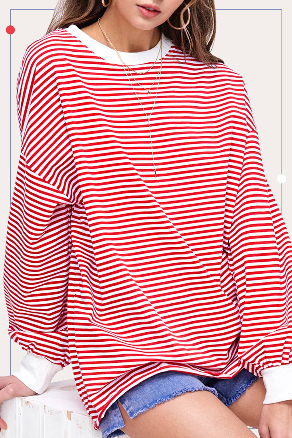 Oversized Striped Long Sleeve Pullover Top: Tomato