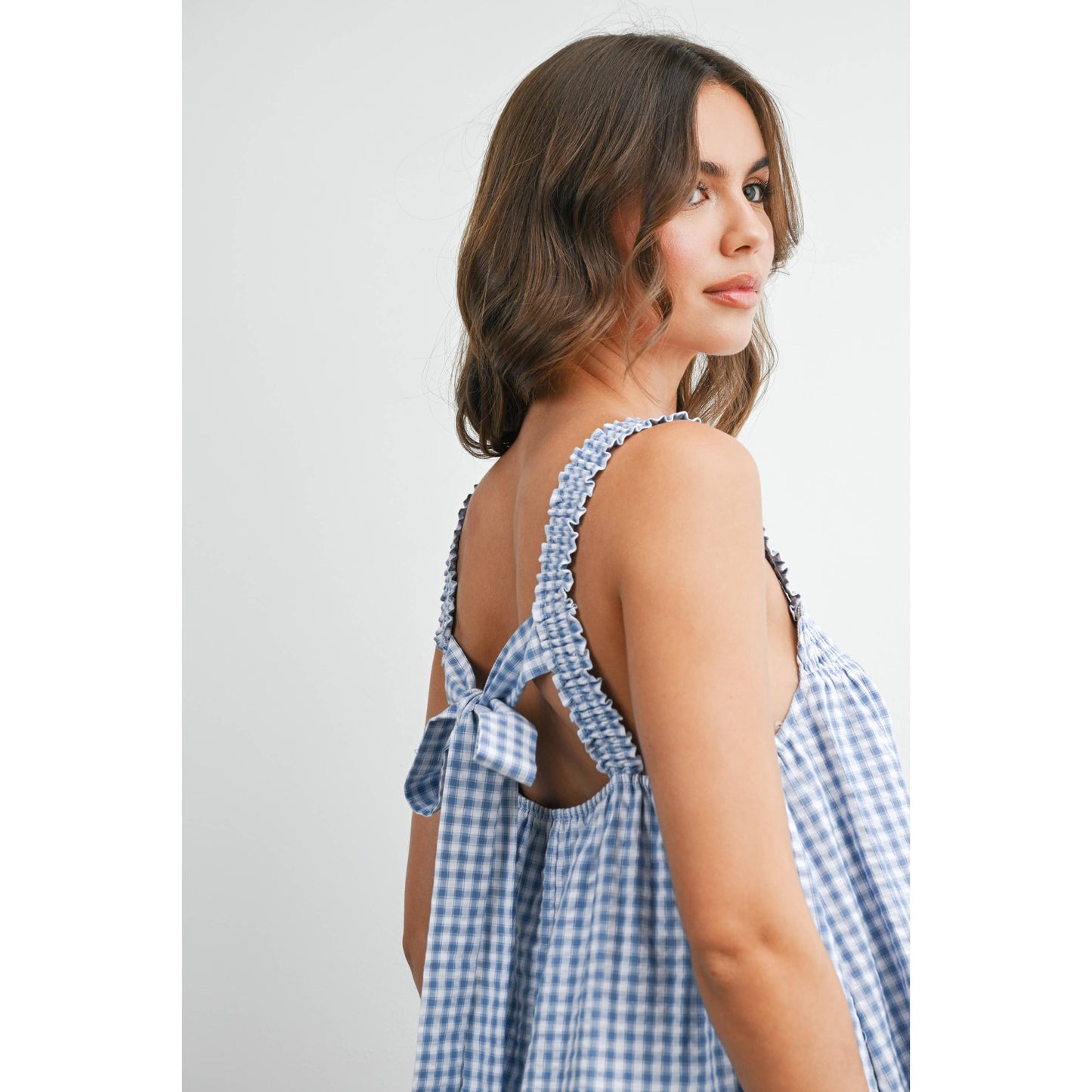 Back-Tie Smocked Ruffle Gingham Dress: BLUE / IVORY