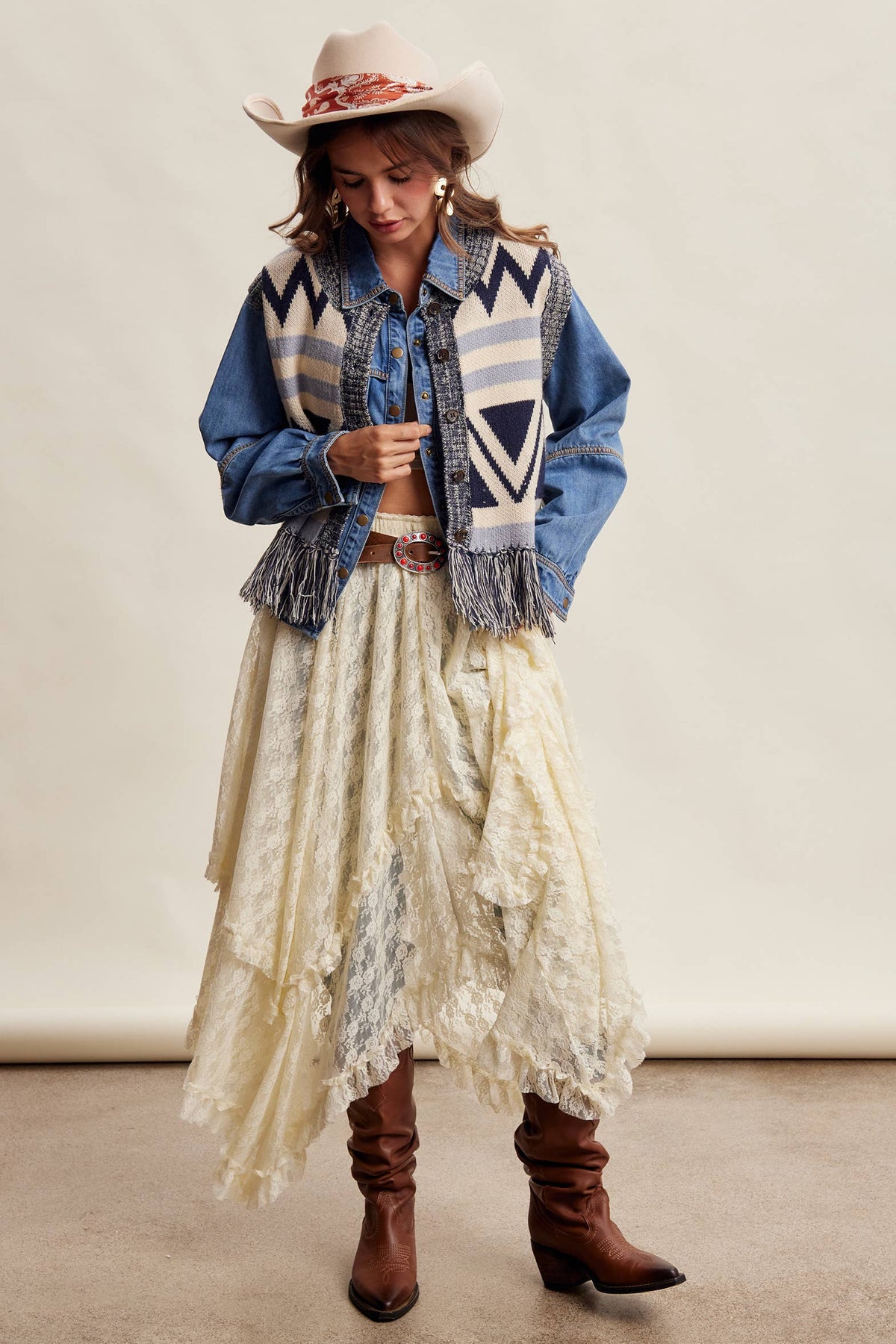 Western Fringe Knit Sweater Vest: Navy