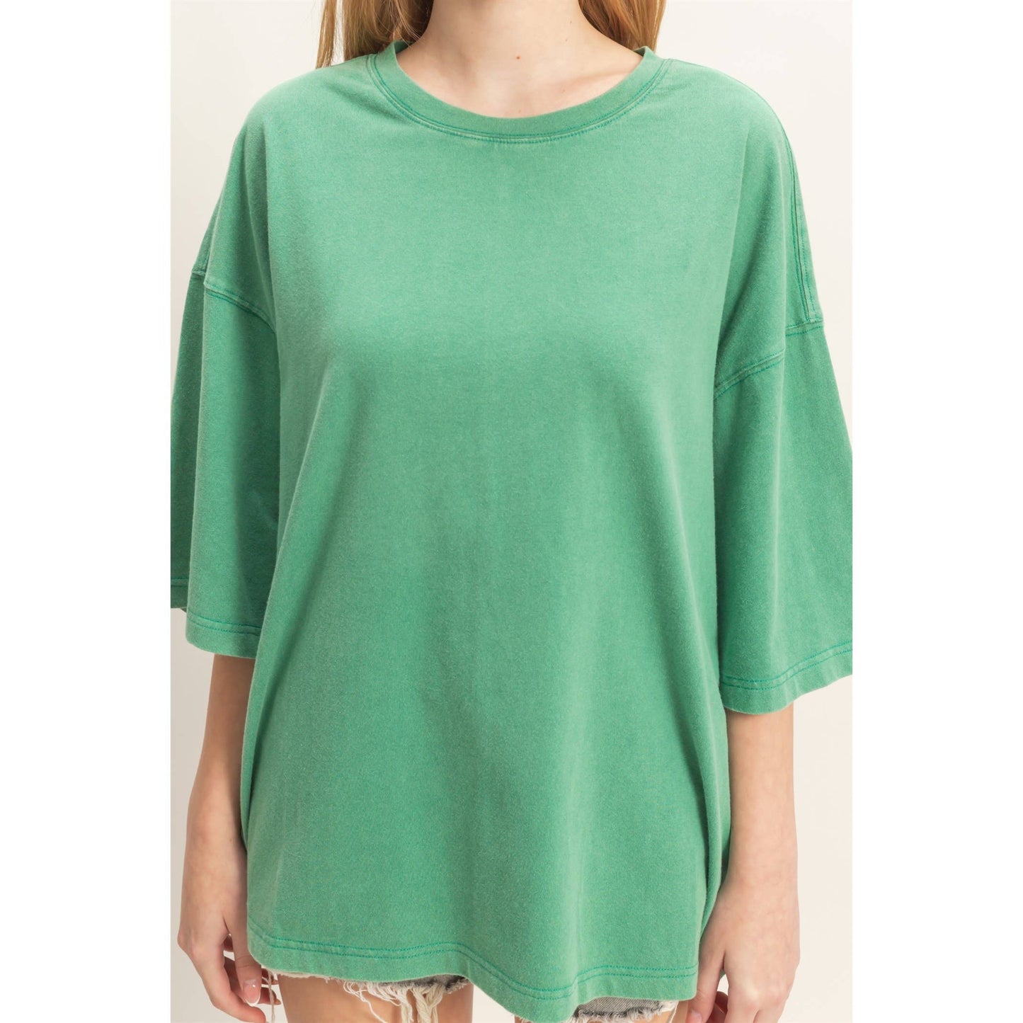 Washed Oversized Crew Neck Top: GREEN
