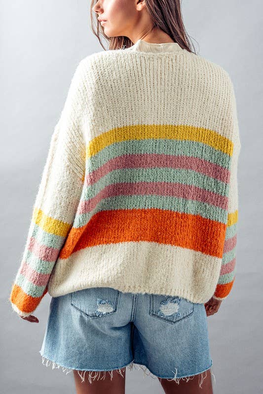 MULTI STRIPED OVERSIZED PUFF SLEEVE CARDIGAN: CREAM COMBO