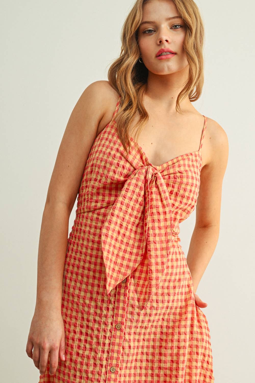 GINGHAM PATTERNED LONG DRESS: ROSE