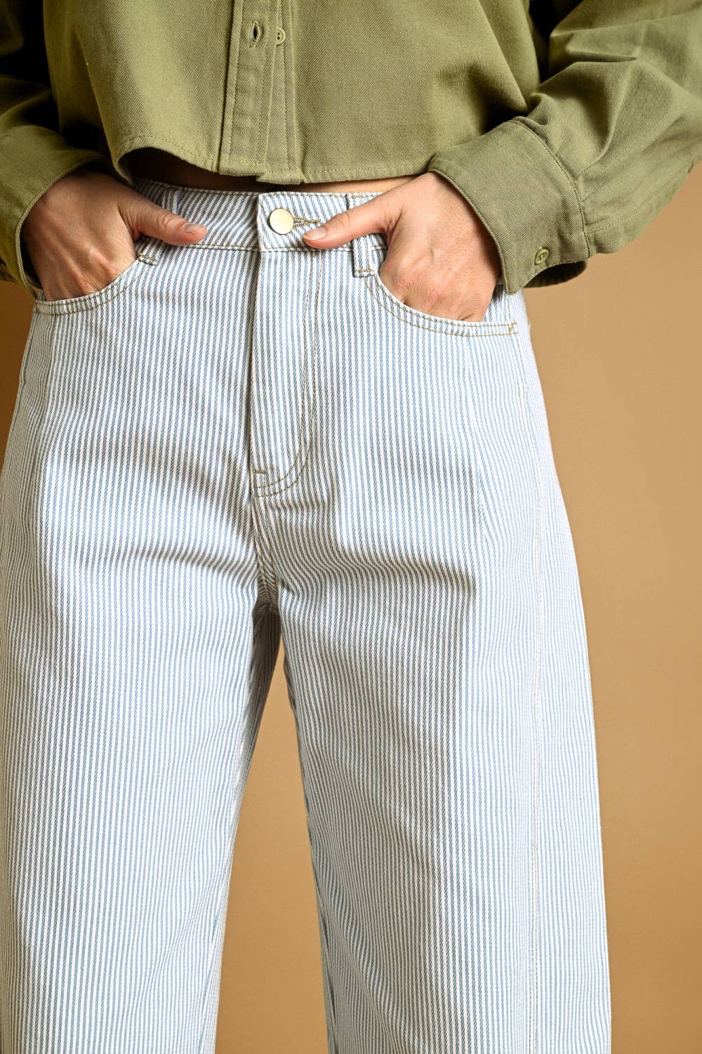 STRIPED COTTON BARREL PANTS: LT BLUE