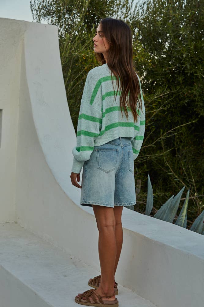 Knit Sweater Striped Crewneck: Light Mint Green