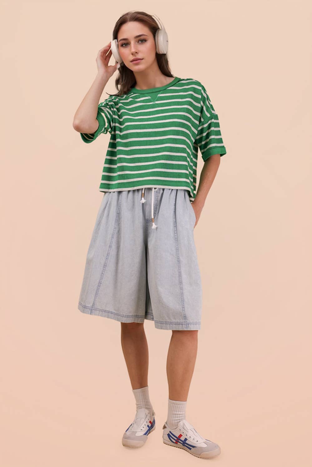 Oversized Stripe Terry Top: GREEN/OATMEAL