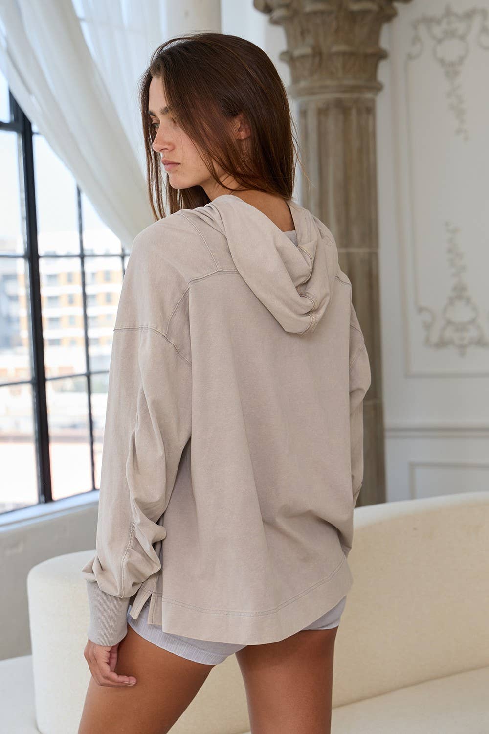 Drawstring High Neck Oversized Hoodie: Taupe grey
