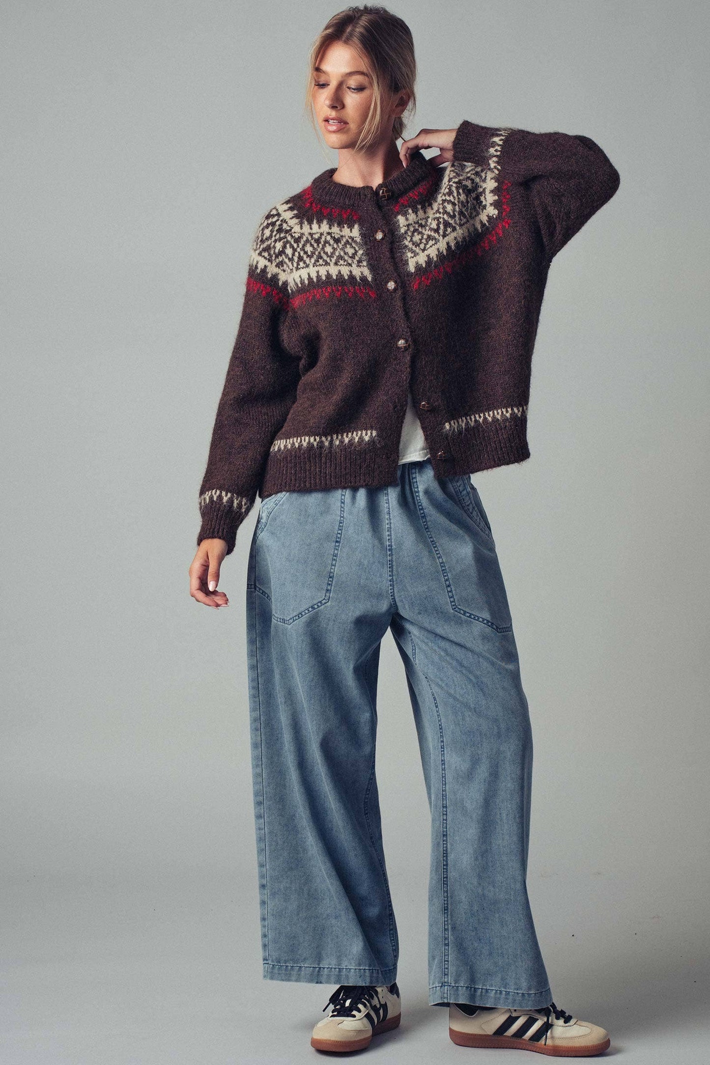 Fair Isle Nordic Toggle Knit Cardigan: BROWN
