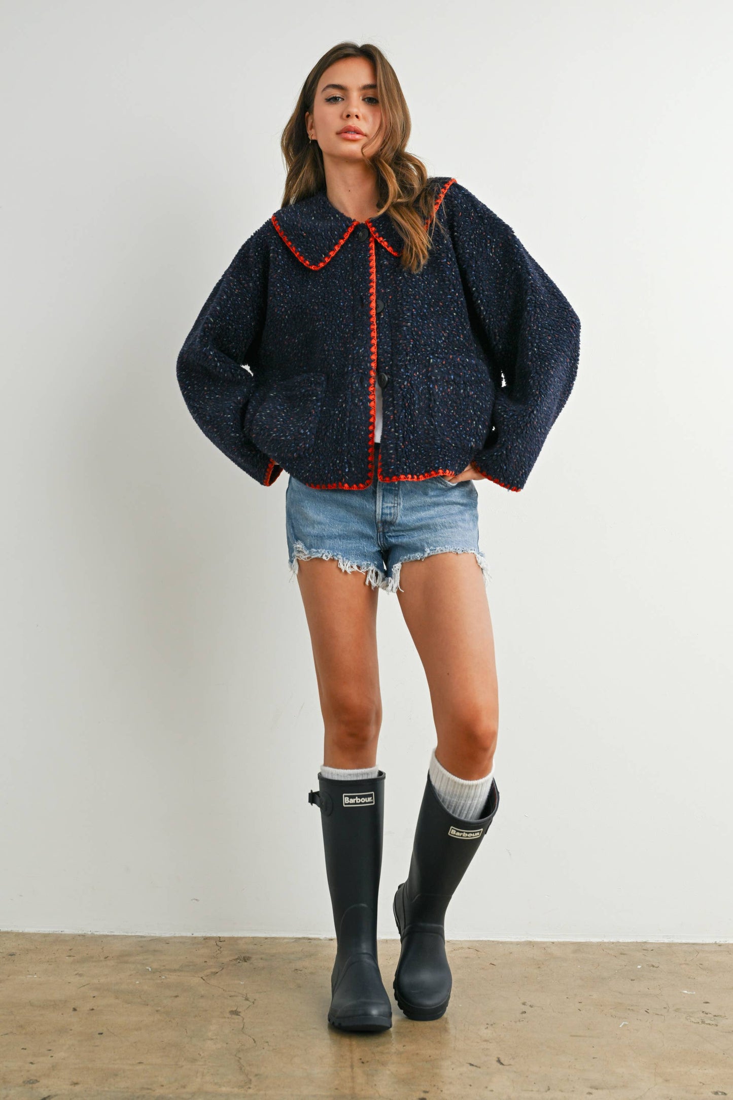 Buttoned Fleece Jacket: NAVY