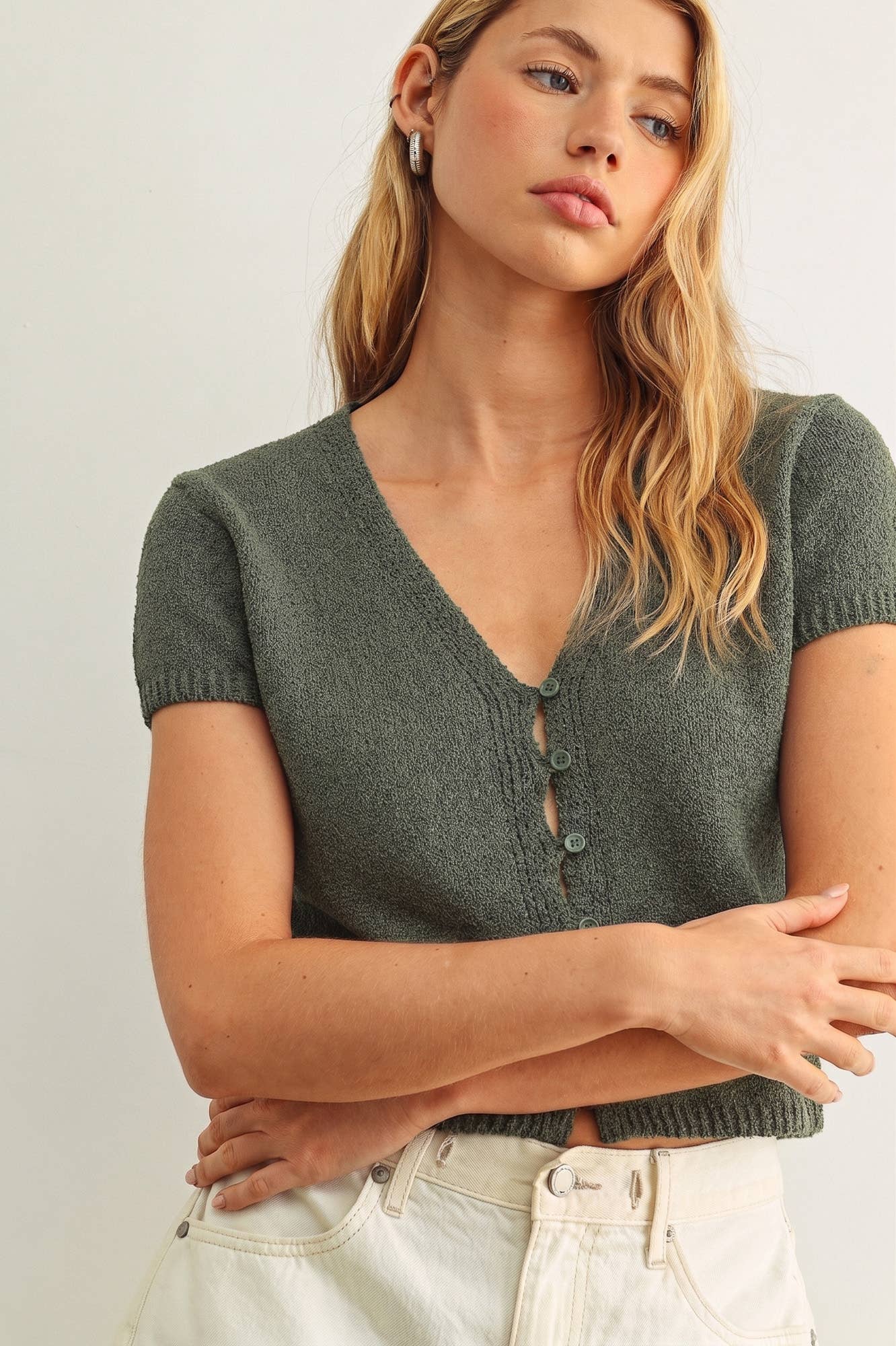 CAP SLEEVE BUTTON FRONT TOP: CACTUS