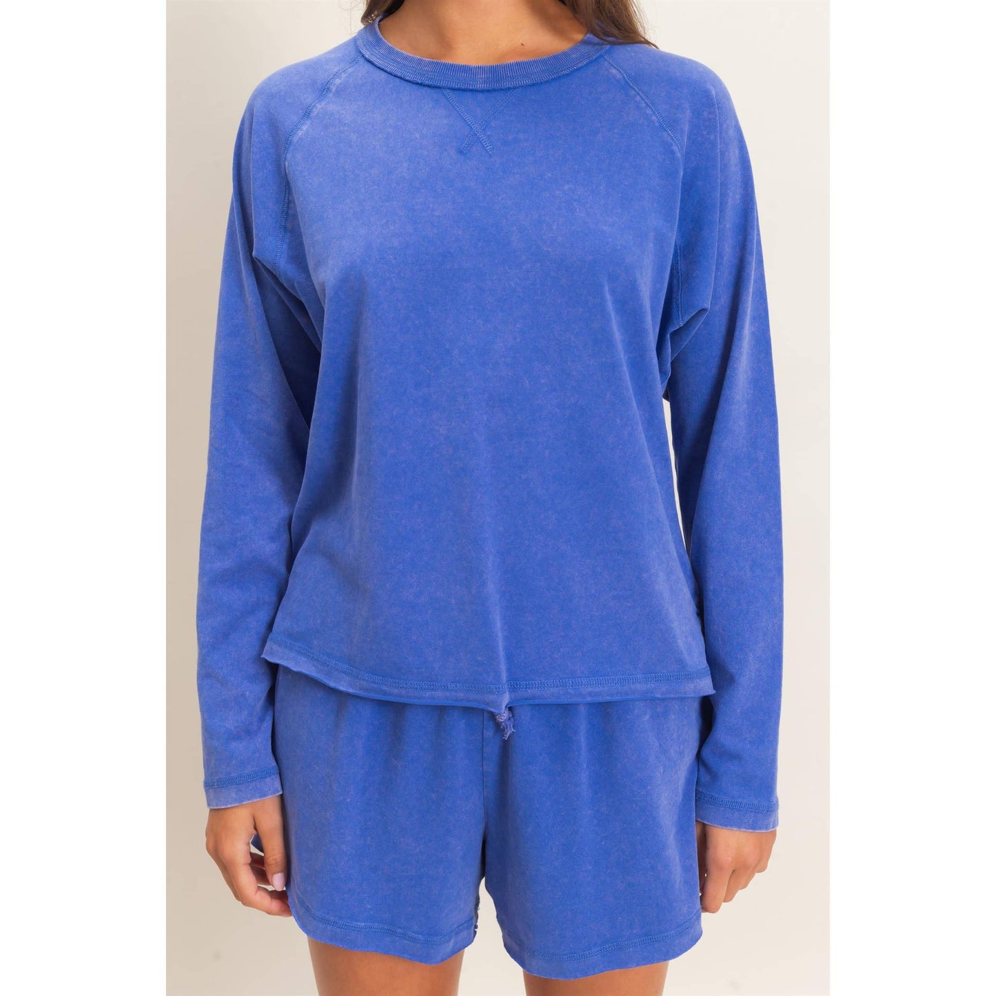 Mineral Wash Long Sleeve Raw Edge Top & Shorts Set: COBALT