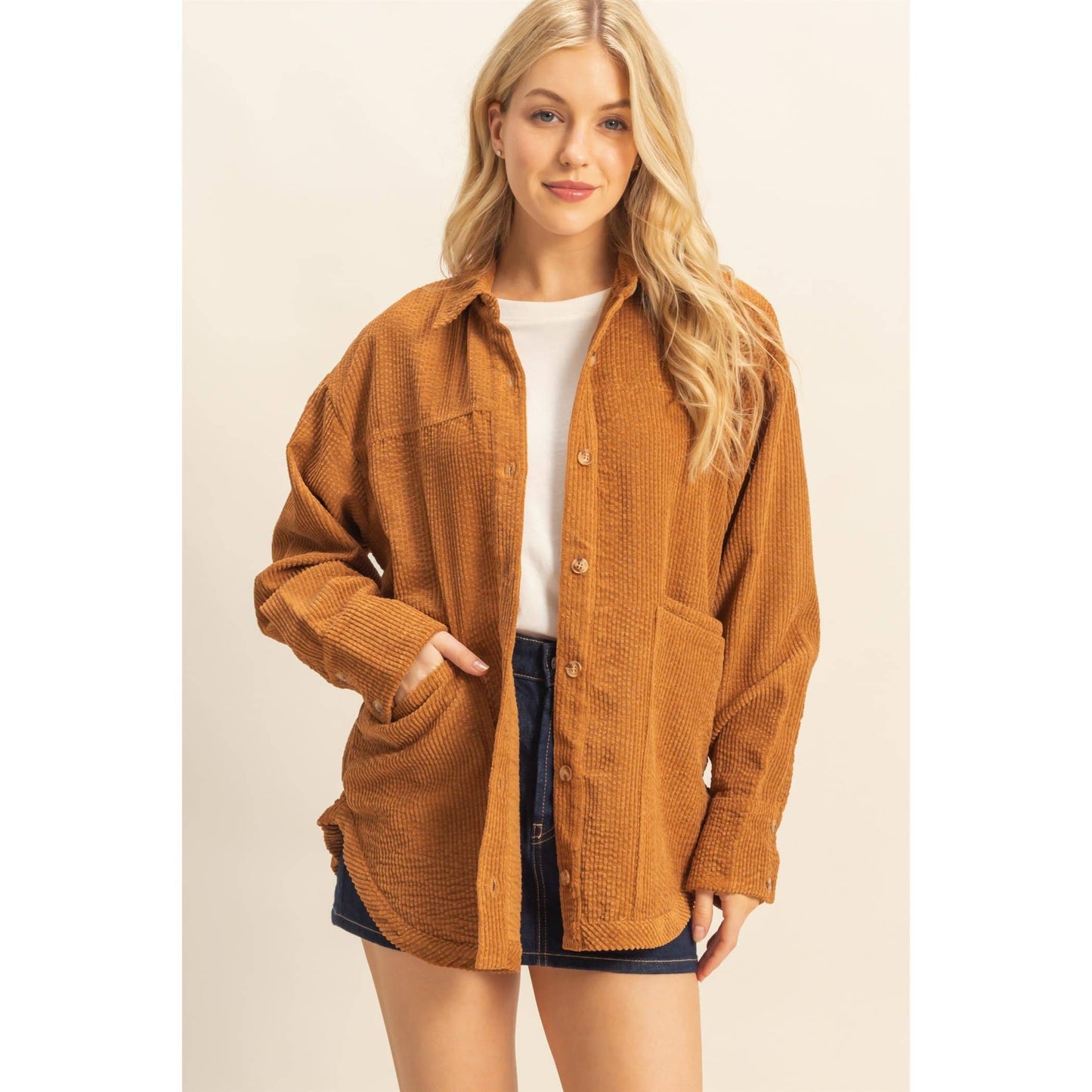 Classic Corduroy Shacket With Pockets: BROWN