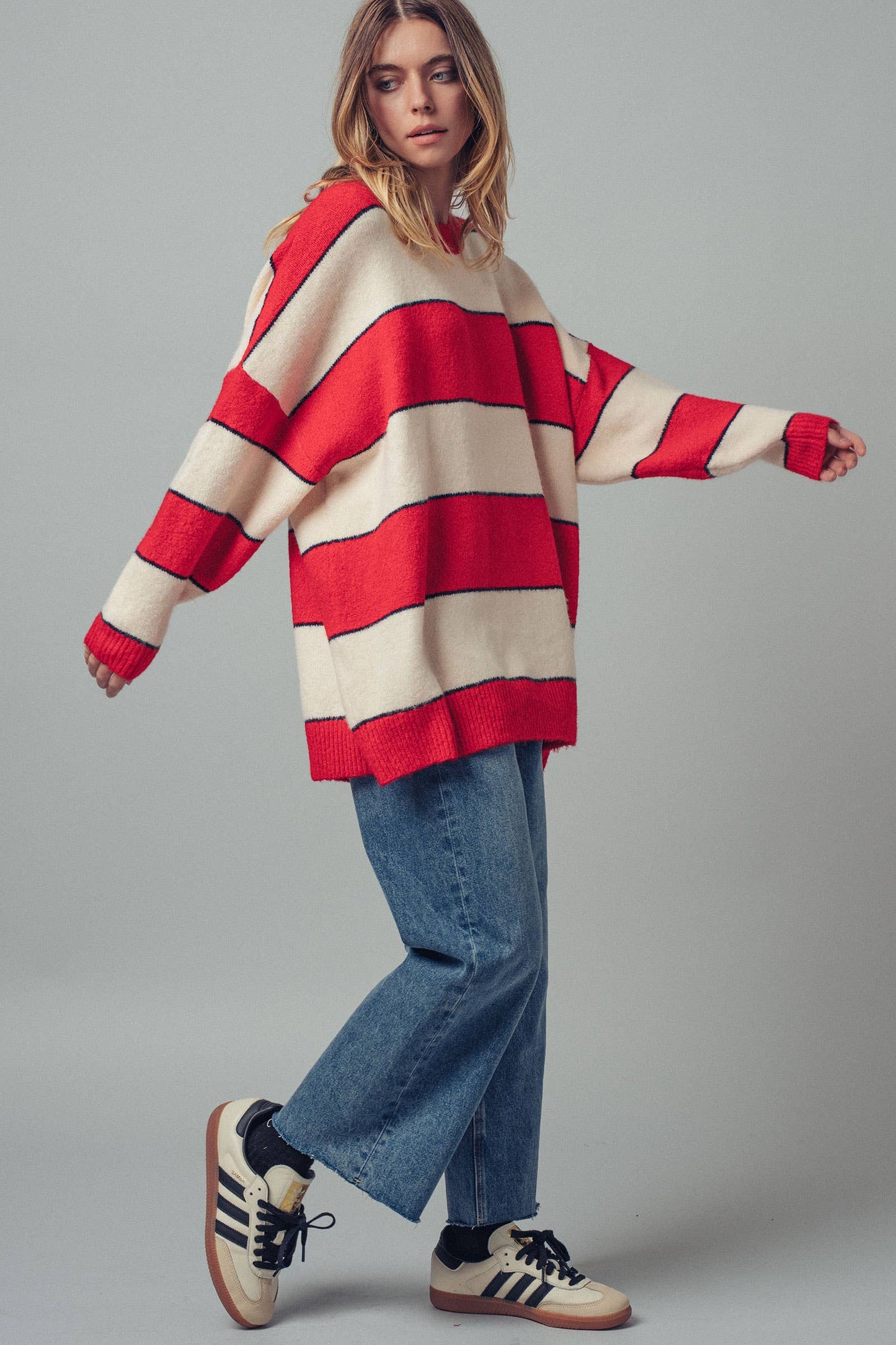 Oversized Rugby Stripe Knit Sweater: Red