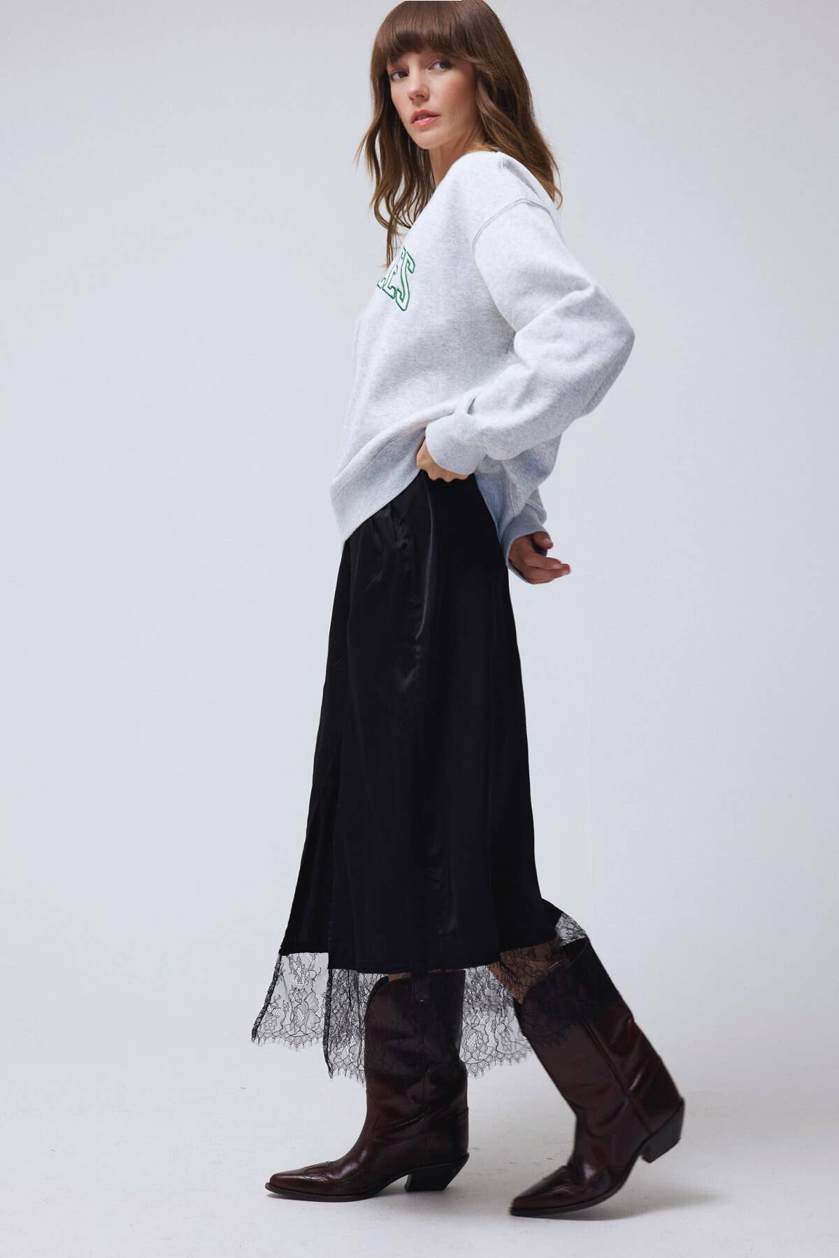 Lace Trim Satin effect Comfy Slit Midi Skirt: Black