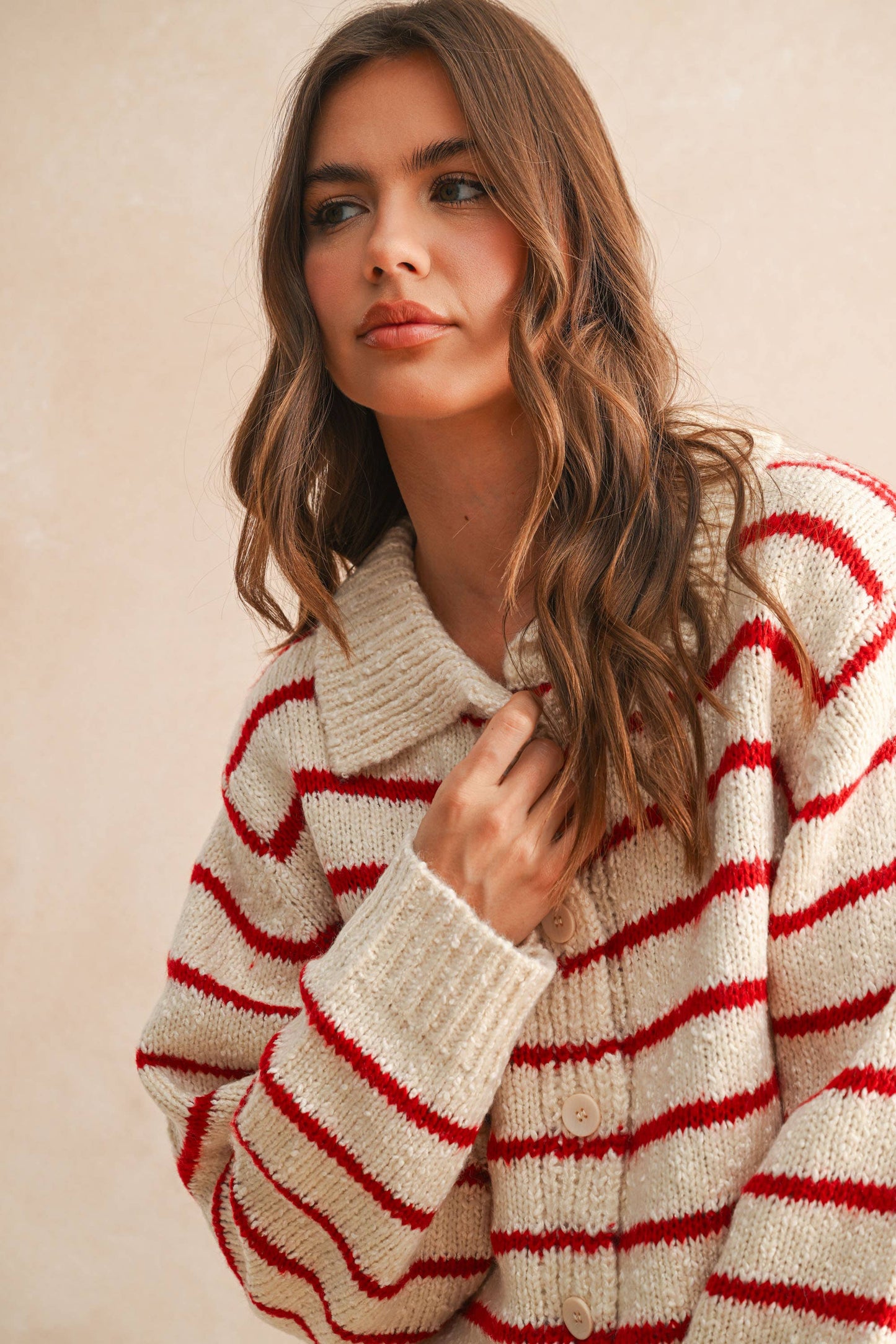 BUTTONDOWN STRIPED KNITTED CARDIGAN: Red