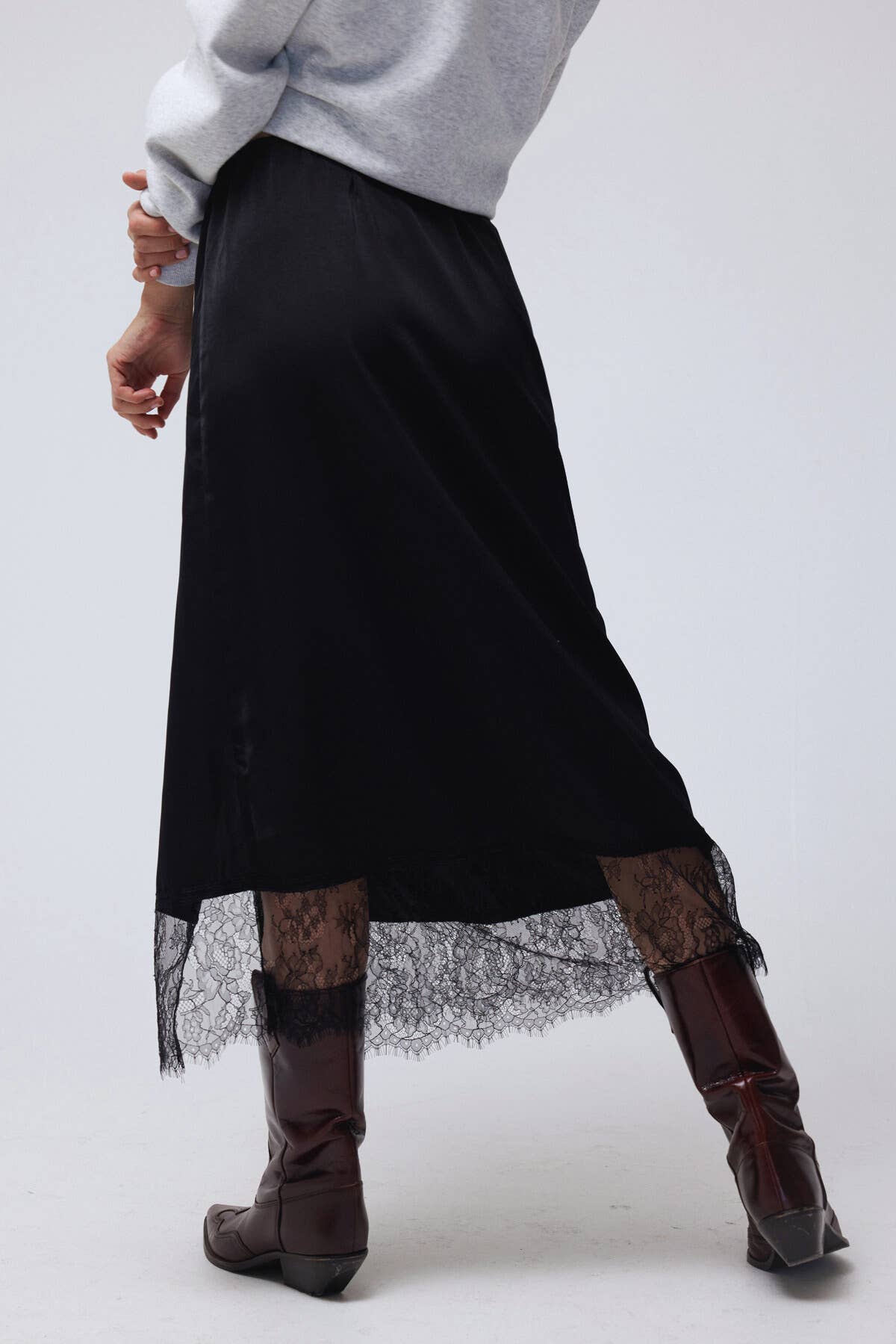 Lace Trim Satin effect Comfy Slit Midi Skirt: Black