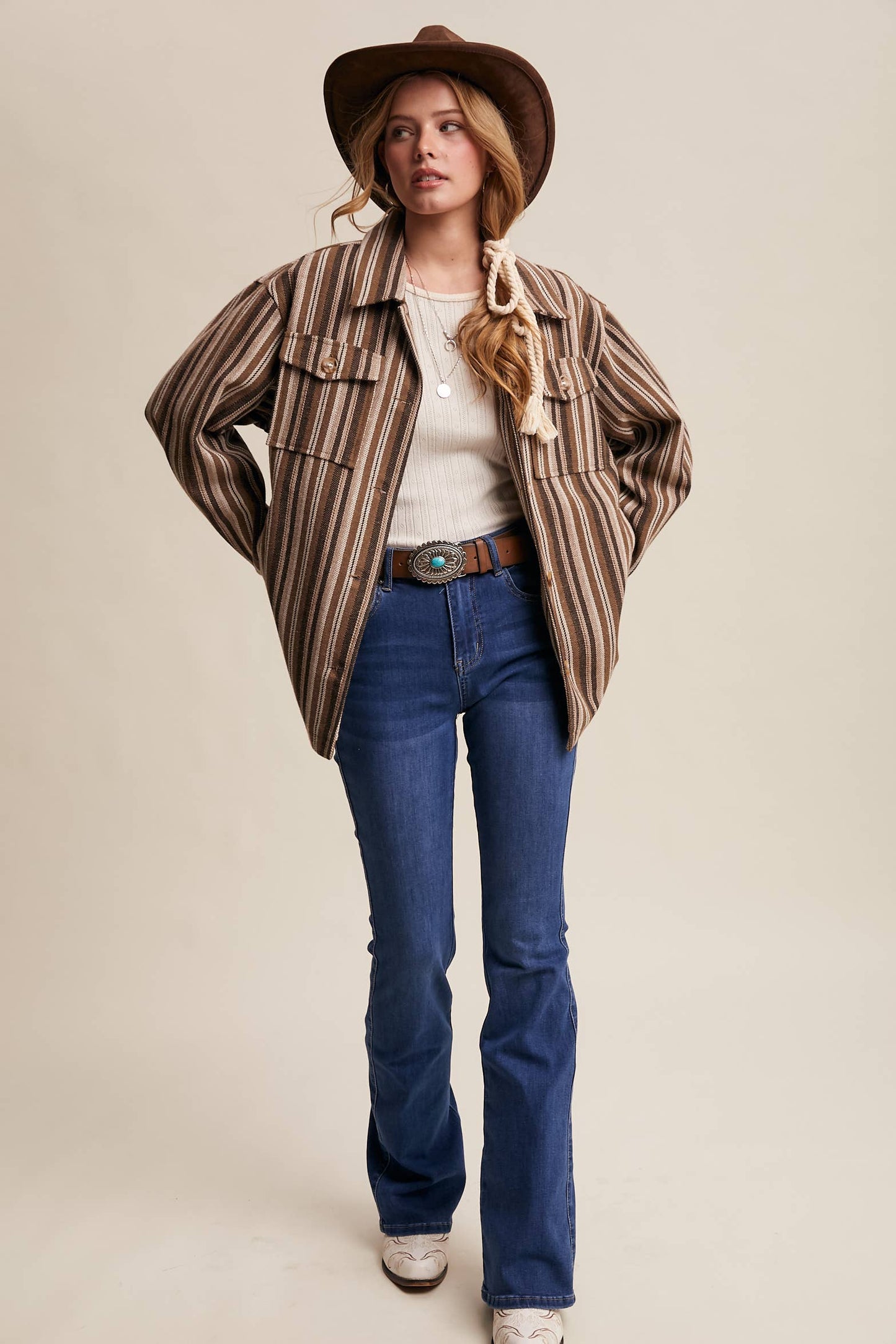 Western Stripe Button-Up Jacket: Mocha
