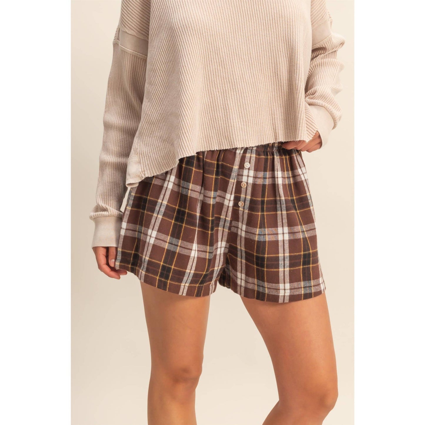 Button-Front Flannel Boxer Shorts: BROWN
