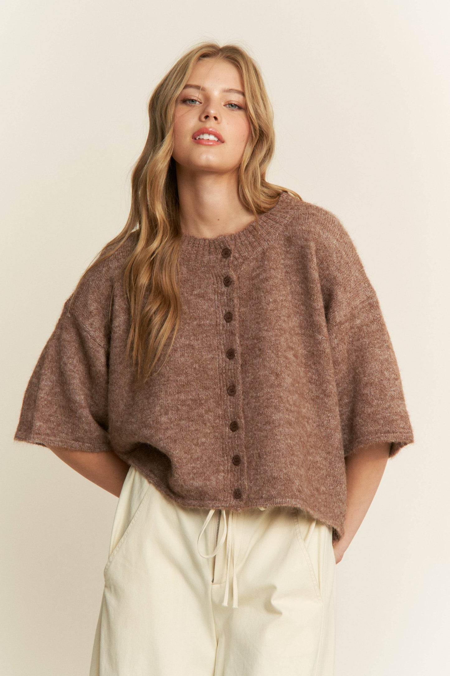 Quarter-Sleeve Knit Cardigans: Mocha