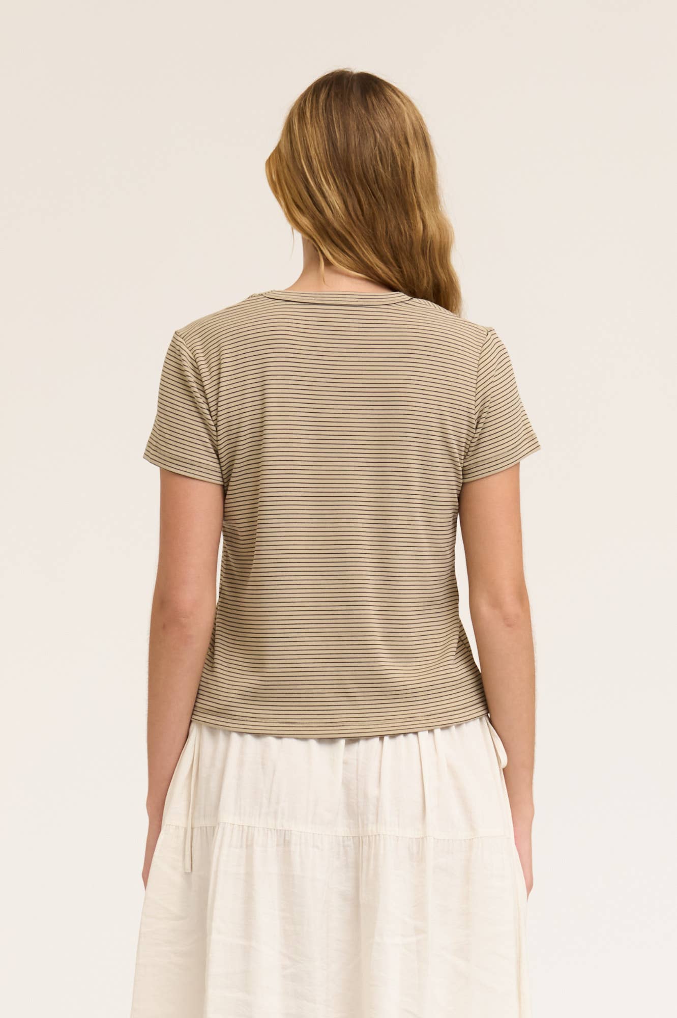 FIT STRIPE COTTON T SHIRT: TAN